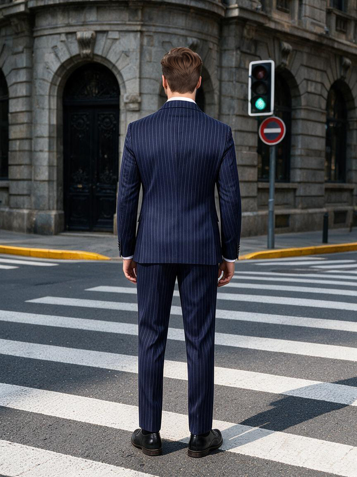 Cicinia Slim Fit Double Breasted Peak Lapel 2 Pieces Navy Blue Pinstripe Men's Suits