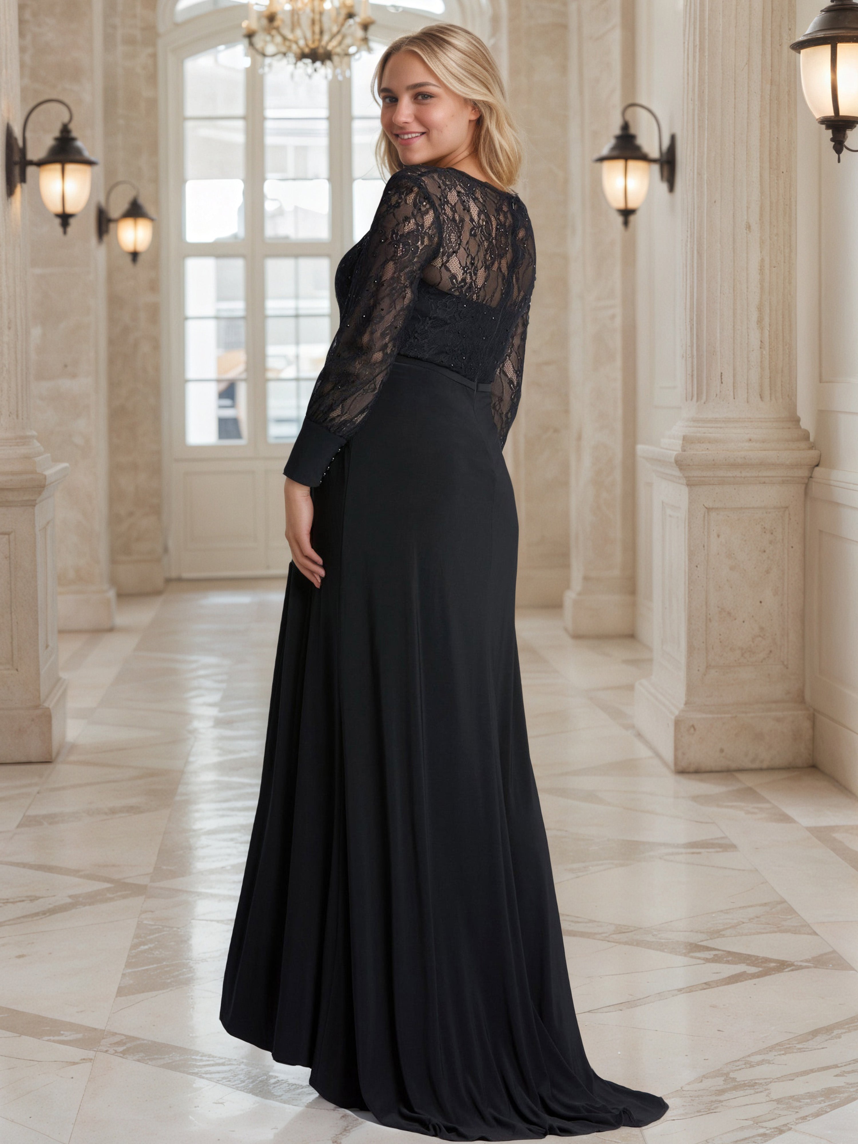 Modest Black Long Sleeves Plus Size Prom Dress With Lace Top