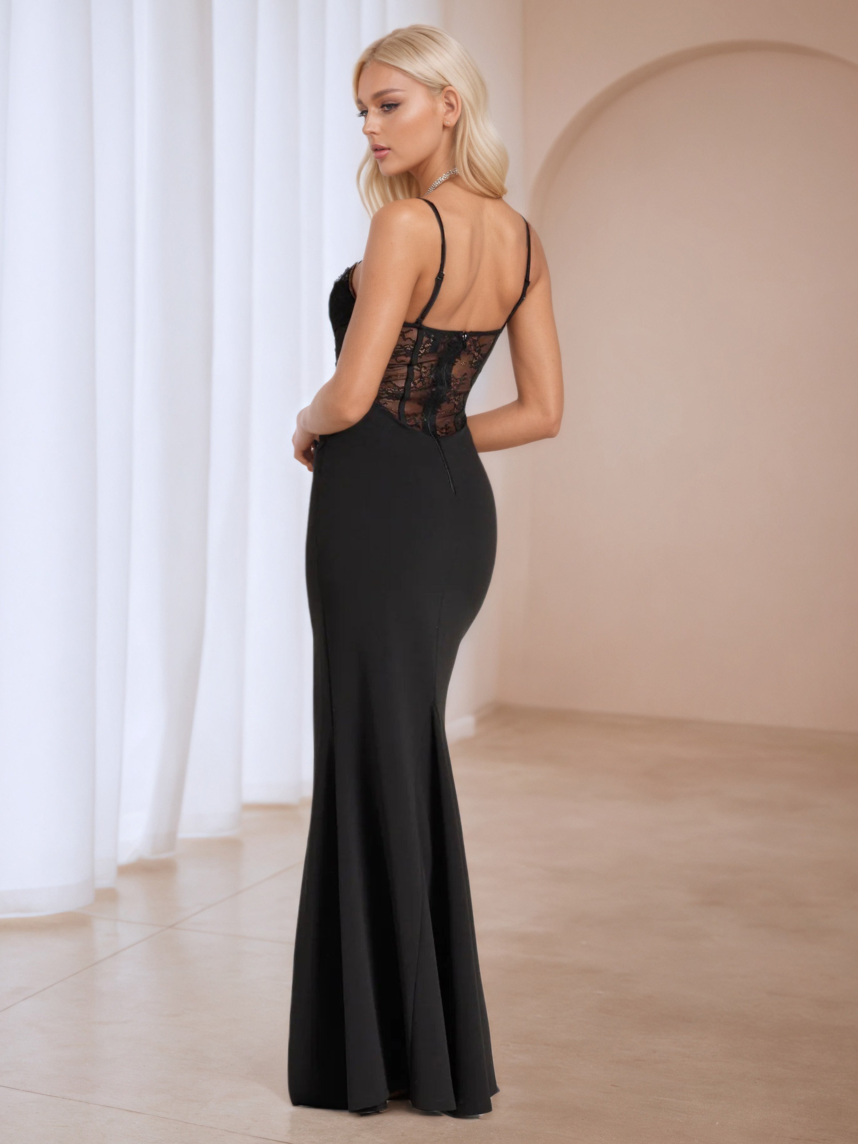 Trumpet/Mermaid Lace Sleeveless Spaghetti Straps Black Wedding Guest Dress