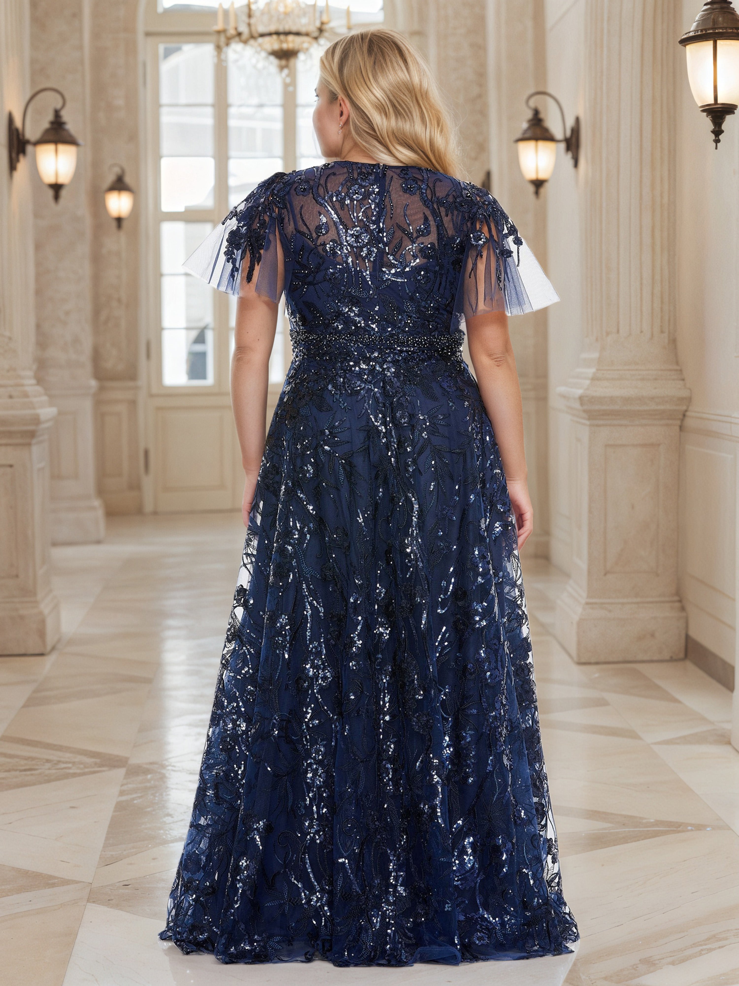 Modest Dark Navy Long A-line V-neck Sequins Lace Prom Dress