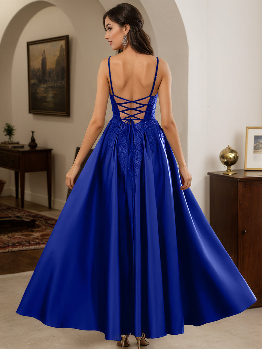 Cicinia Royal Blue Prom Dresses Long Satin Appliques Lace A-line Floor Length
