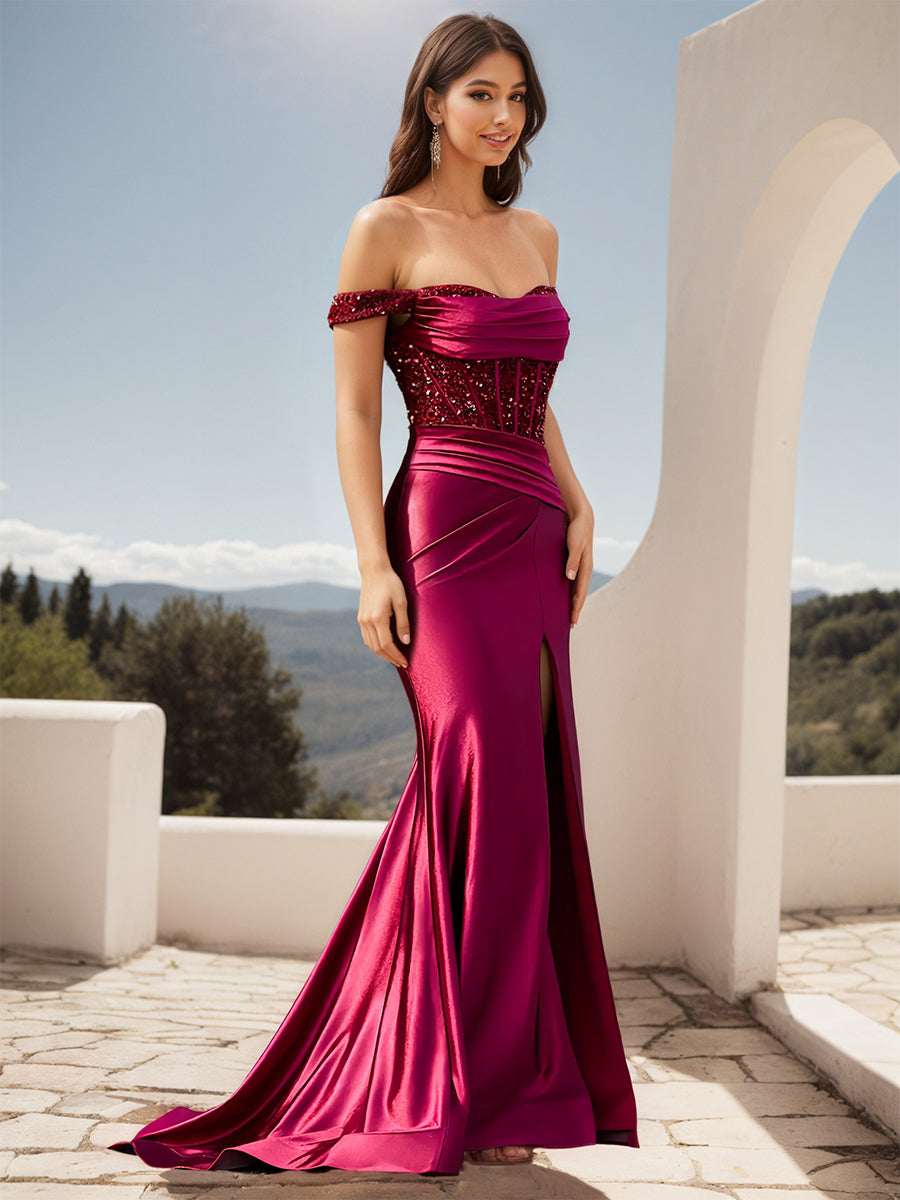 Cicinia Fuchsia Prom Dresses Long Stretch Fabric Sheath Slit Off The Shoulder Sweep Train