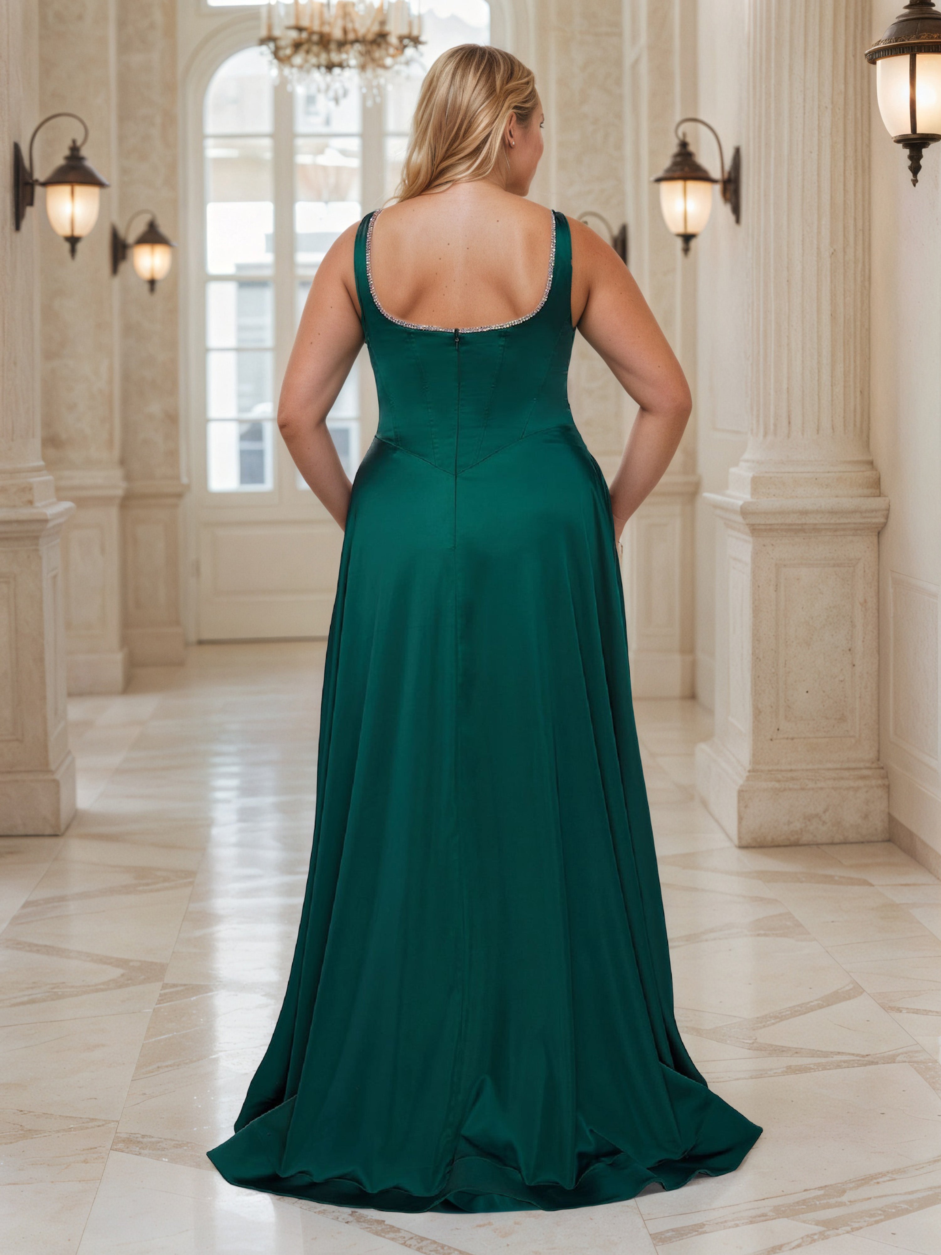 Dark Green A-line High Split Long Plus Size Prom Dres Wit Silver Decorations