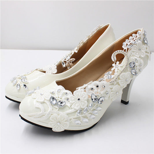 Diamond Round Toe High Heels Lace Wedding Shoes