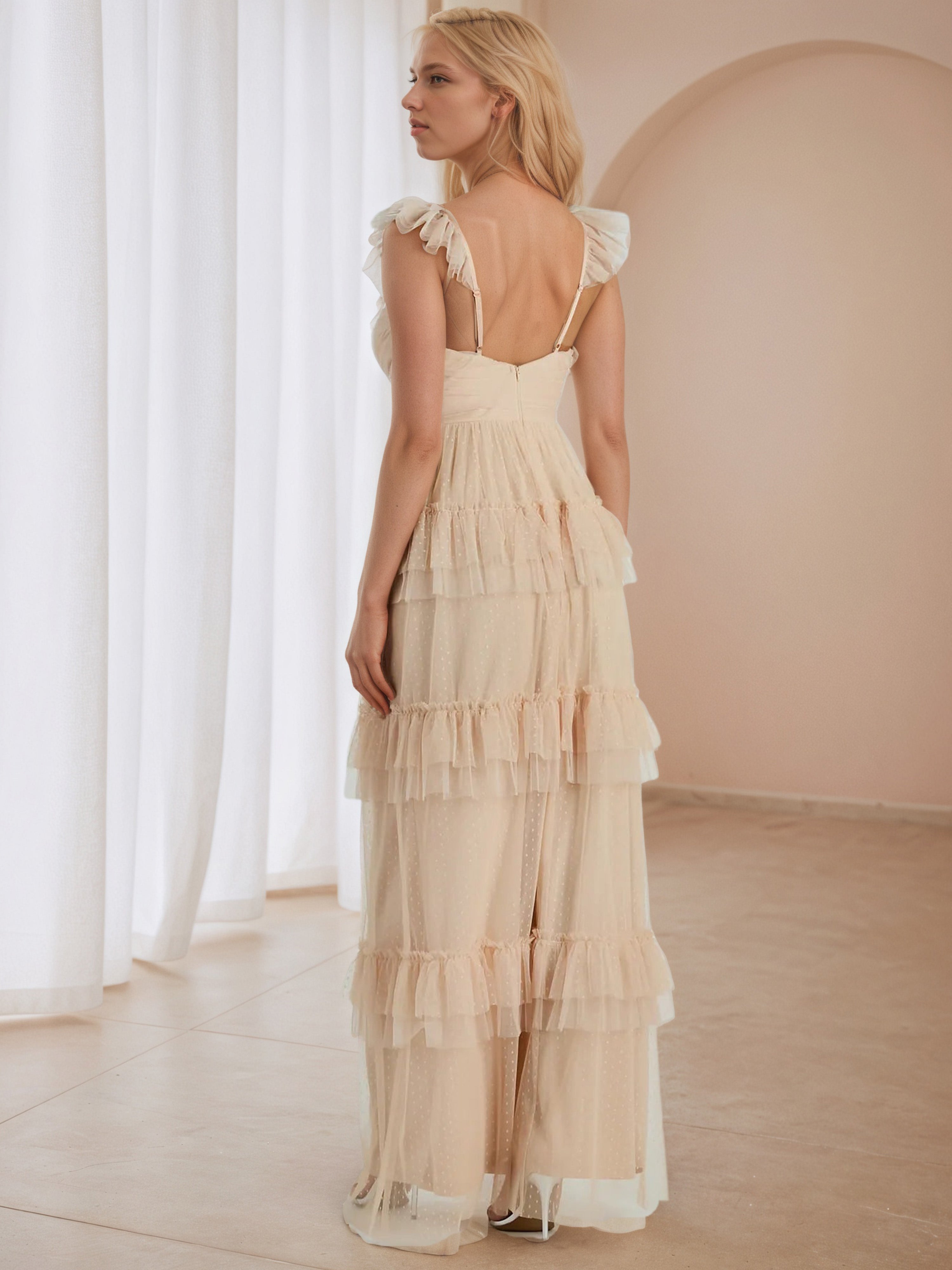 Apricot A-Line Layers Cap Sleeves Wedding Guest Dress