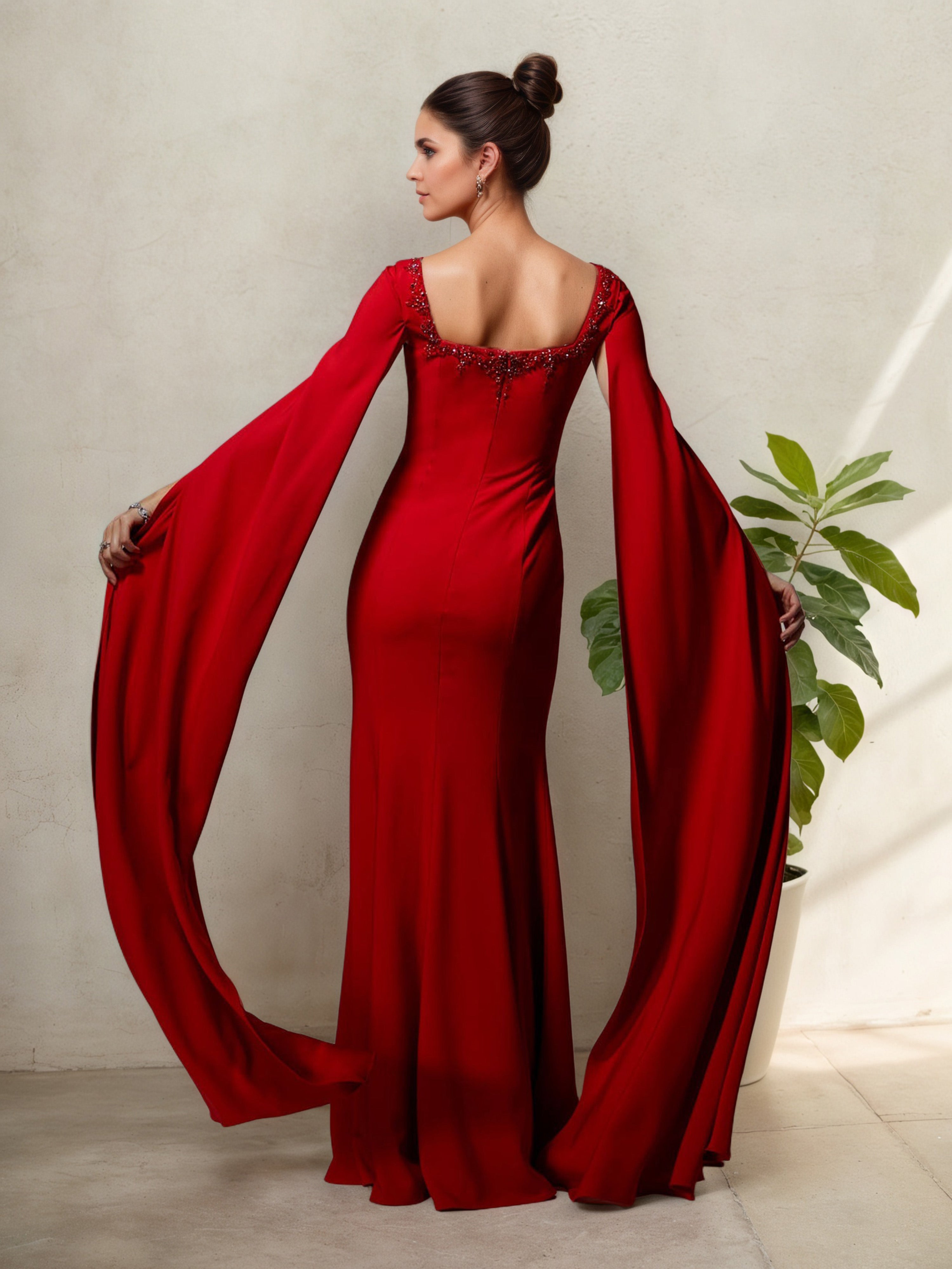 Sheath Red Square Neckline Detachable Fly-Away Sleeves Mother Of The Bride Dress