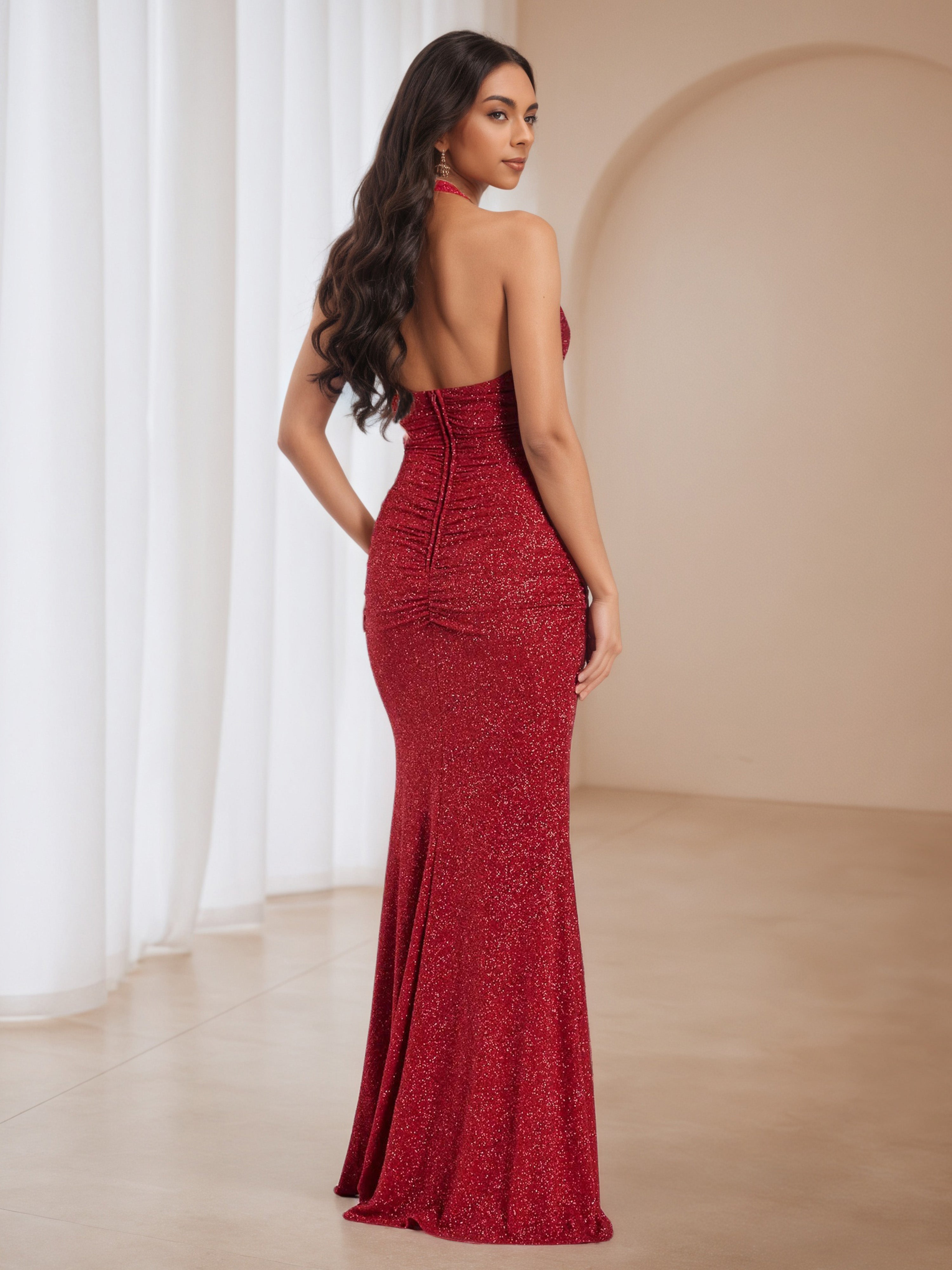 Halter Burgundy Glitter Split Wedding Guest Dress