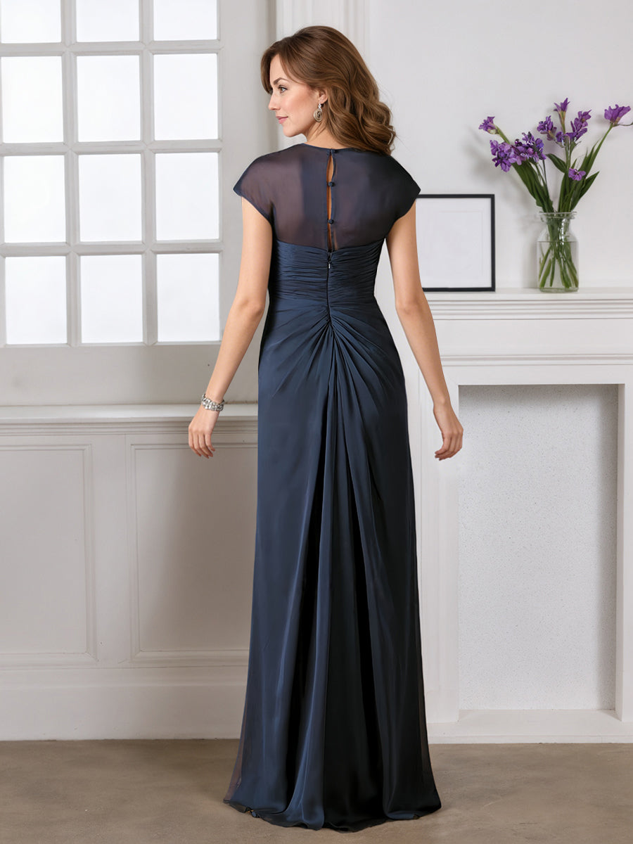 Cicinia Dark Navy Mother Of The Bride Dress Long Chiffon Beaded Sheath Cap Sleeves Floor Length