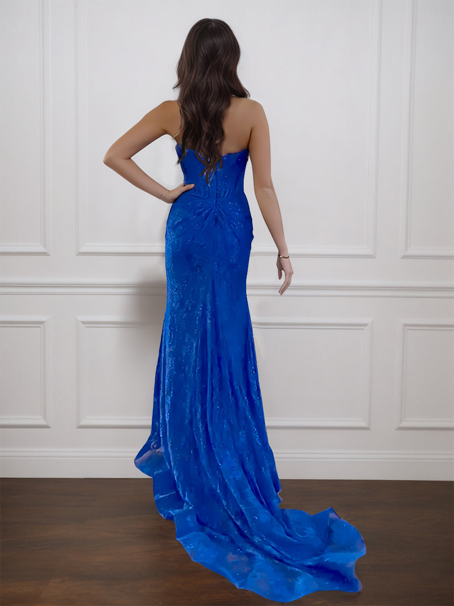 Cicinia Royal Blue Prom Dresses Long Lace Sheath Strapless Sweep Train Elegant
