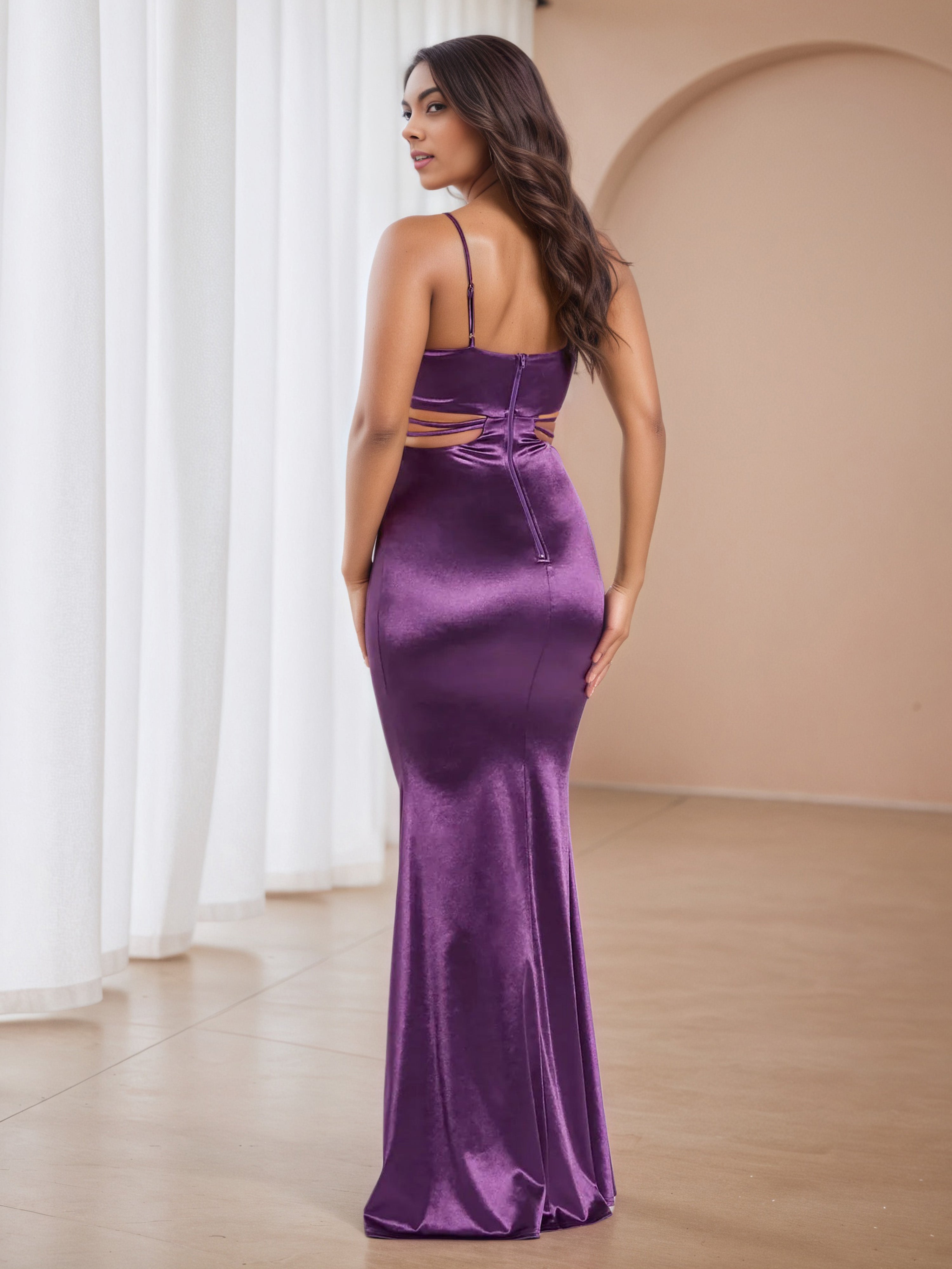 Trumpet/Mermaid Grape V-Neck Spaghetti Straps Wedding Guest Dress