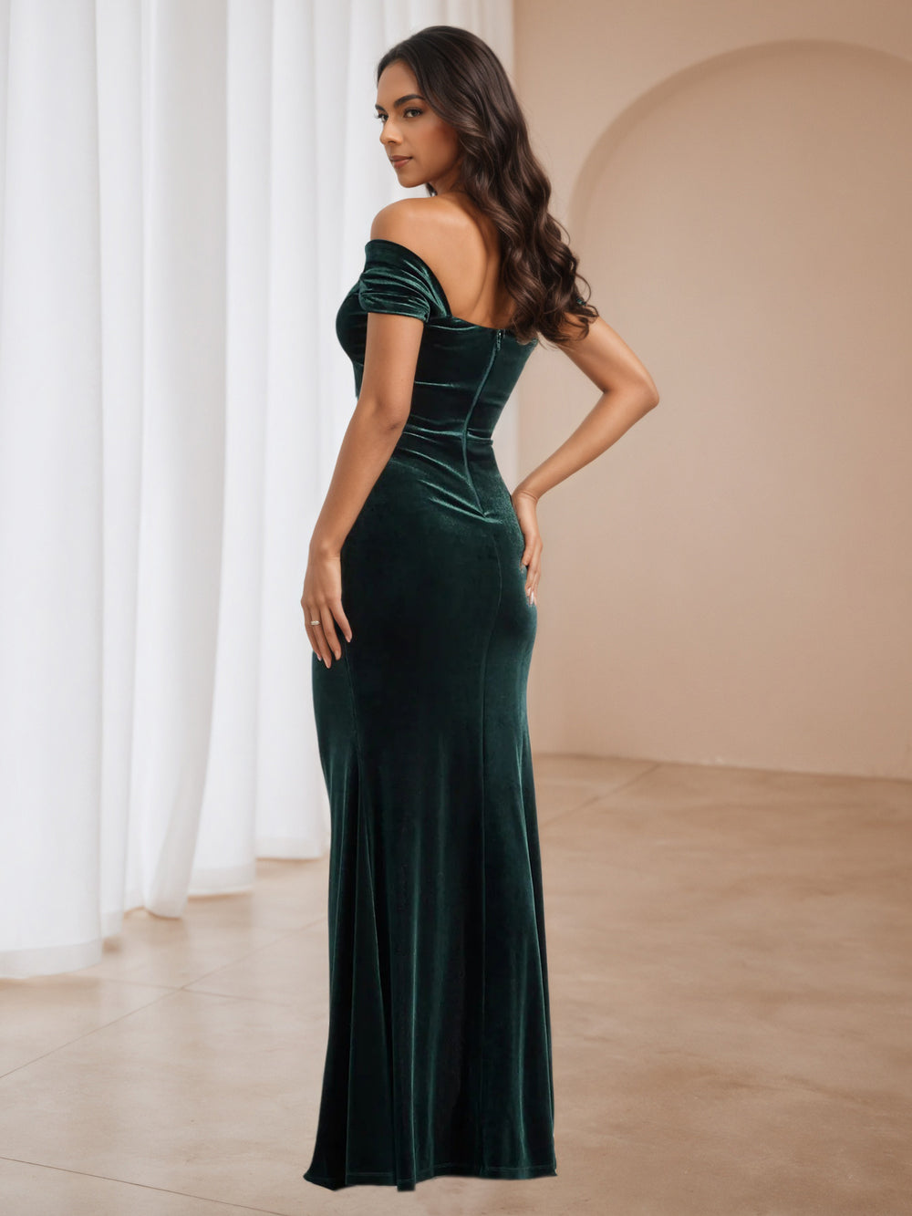Hunter Green Velvet Off The Shoulder Notch Wedding Guest Dress