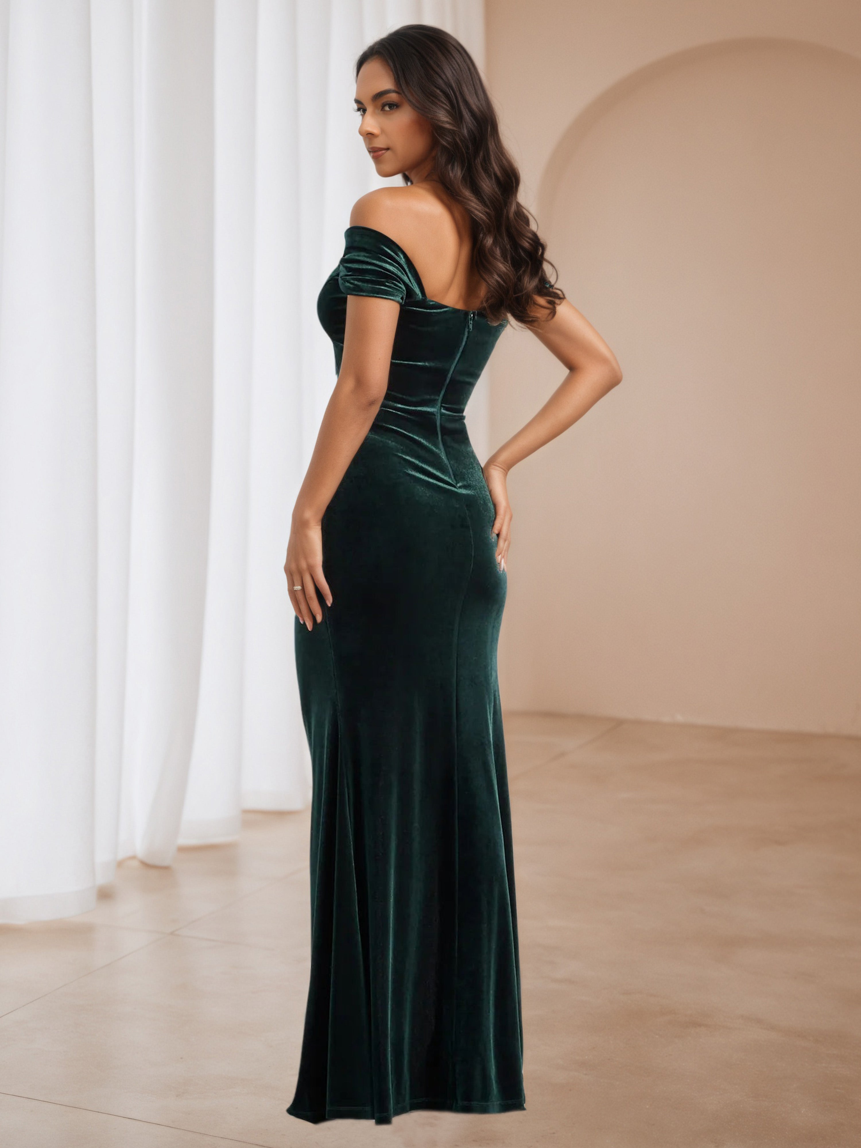 Hunter Green Velvet Off The Shoulder Notch Wedding Guest Dress