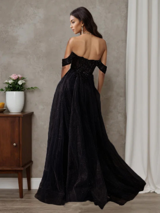 Charming Black A-line Slit Off The Shoulder Tulle Long Prom Dress