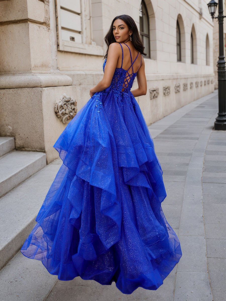 Unique Royal Blue Spaghetti Straps Layers Long Princess Prom Dress