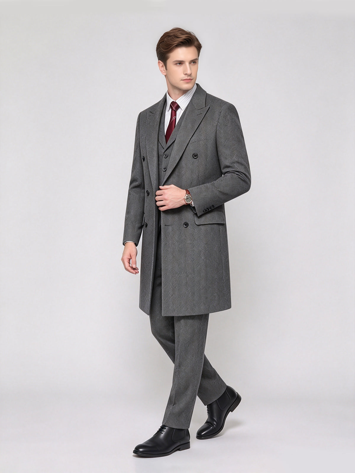 Cicinia Peak Lapel Long Overcoat Tailored Fit Herringbone 3 Pieces Double Breasted Grey Men's Suits