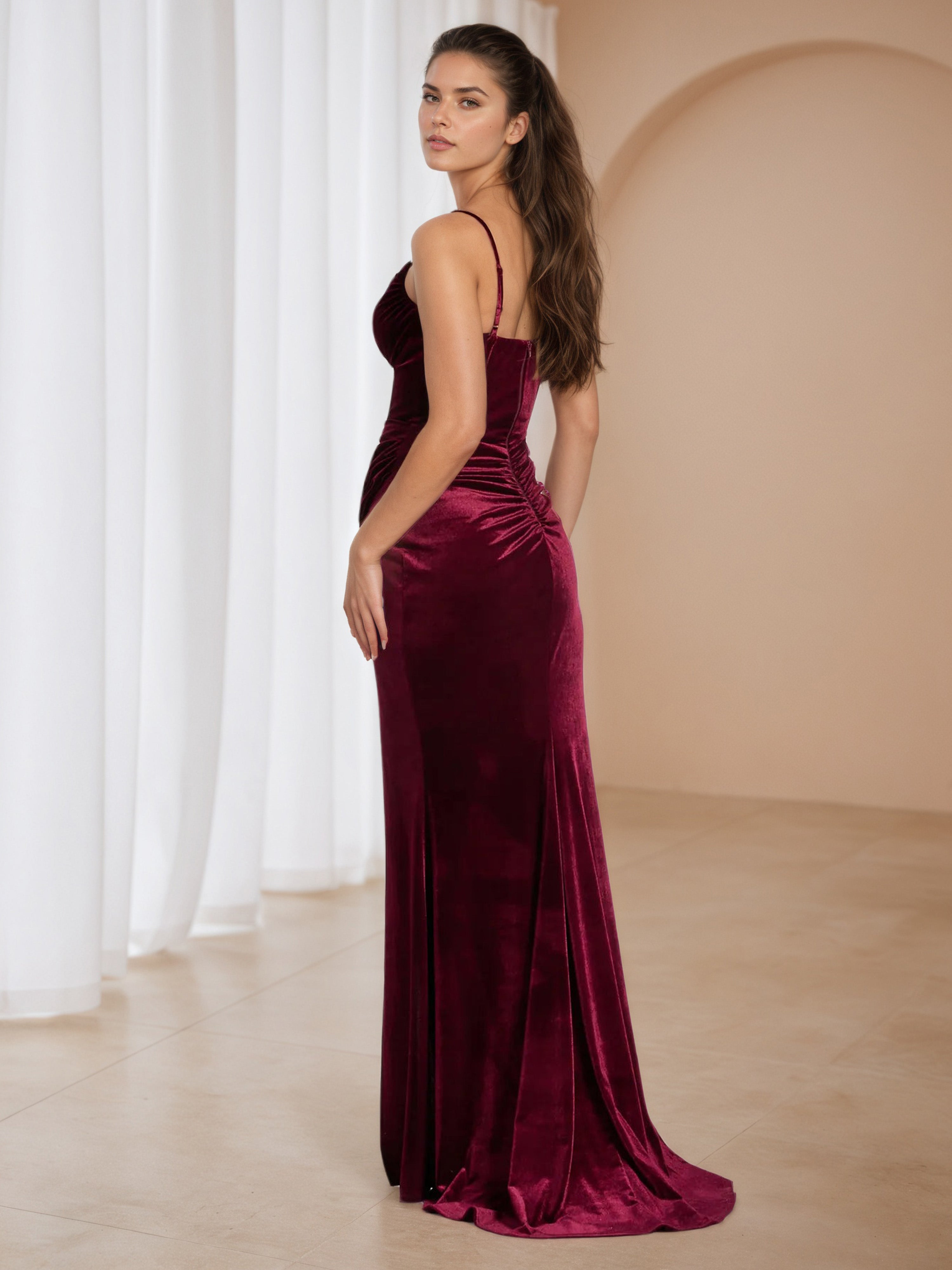 Sweep/Brush Train Burgundy Velvet Strapless Wedding Guest Dress