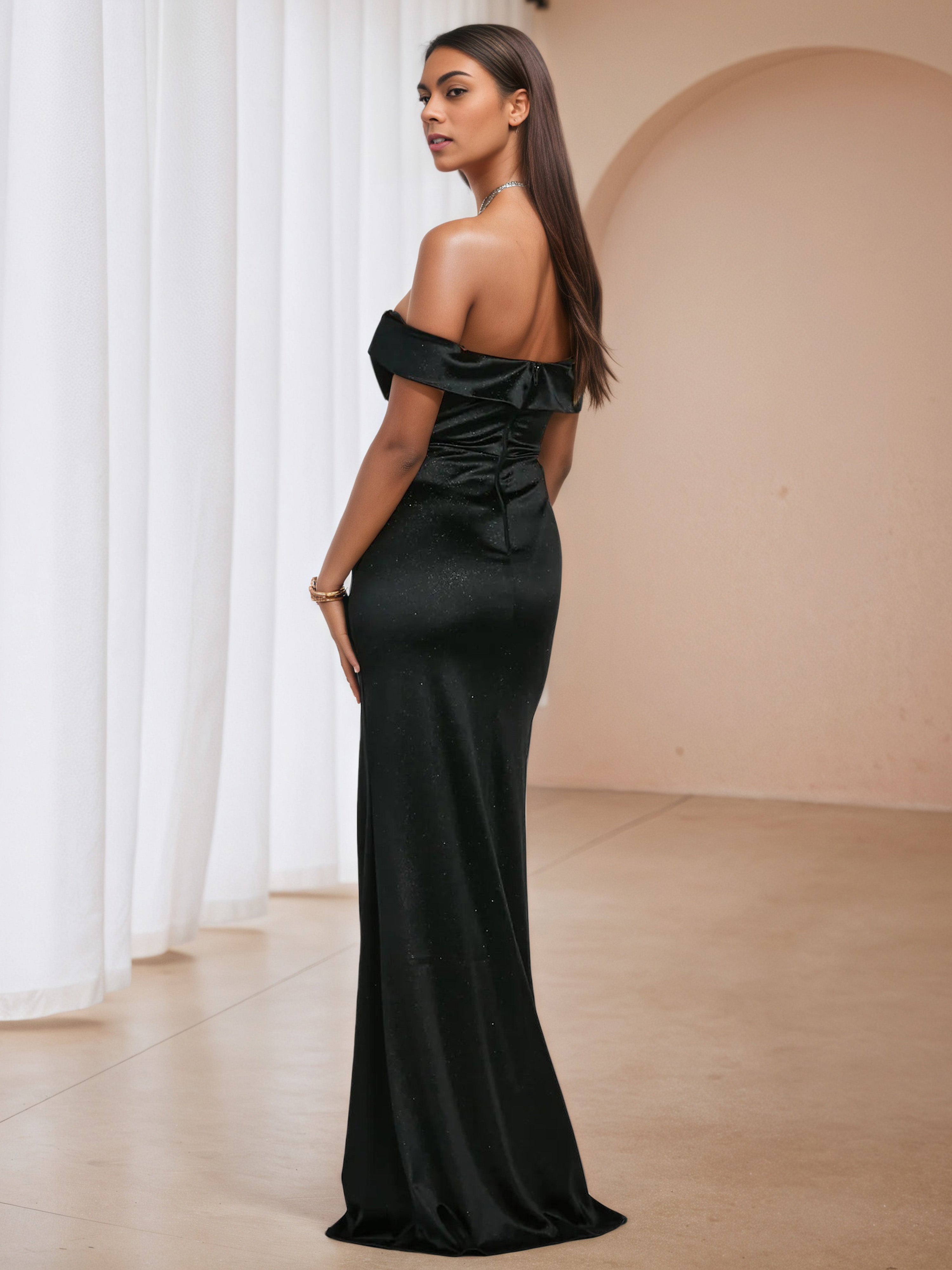 Black Notched Off The Shoulder Trumpet/Mermaid Wedding Guest Dress