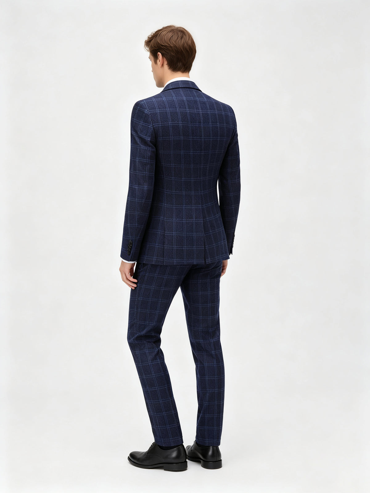 Cicinia 3 Pieces Windowpane Plaid Suit Notch Lapel Single Breasted Slim Navy Blue Men's Suits