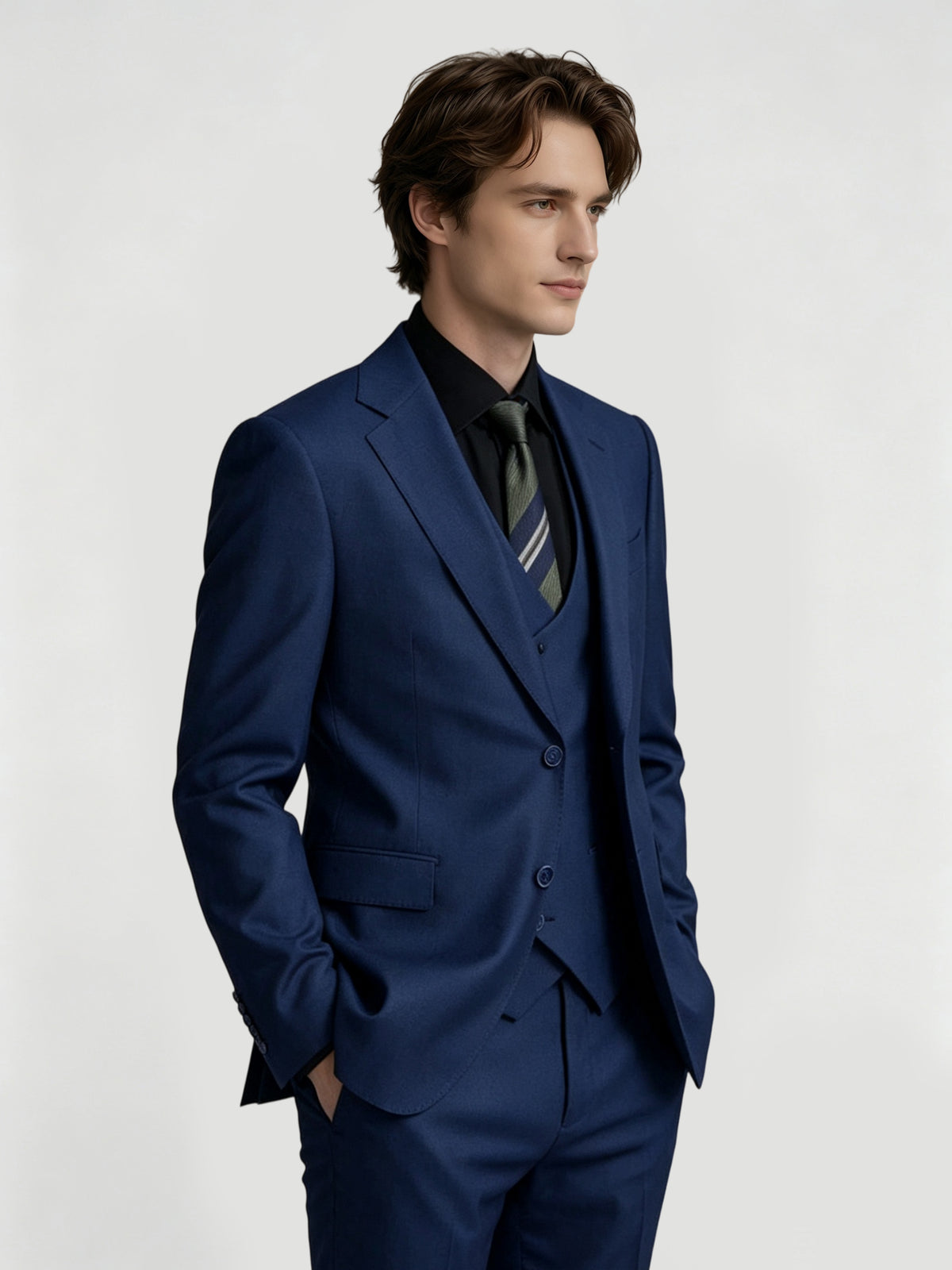 Cicinia 3 Pieces Suit Notch Collar Jacket Matching Double Breasted Vest Classic Fit Trousers Navy Blue Men's Suits