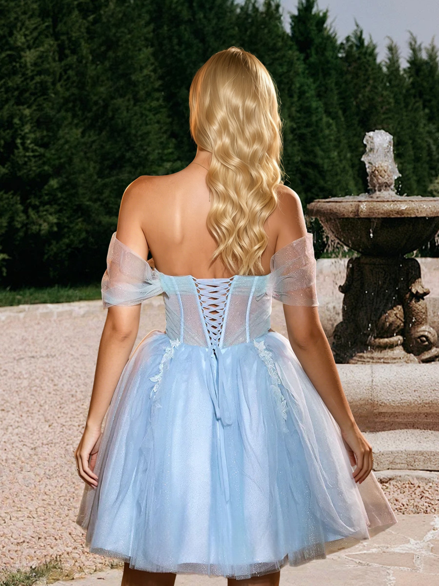 Cicinia Sky Blue Homecoming Dresses Short Appliques Lace Tulle A-line Mini Length Off The Shoulder