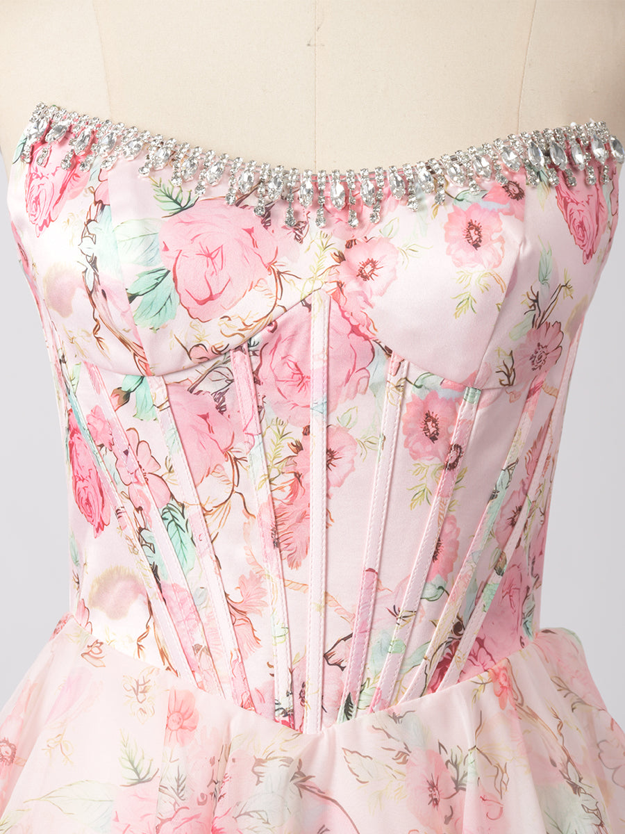 Cicinia Blushing Pink Prom Dresses Long Printed Fabric A-line Sleeveless Slit Layered Gowns