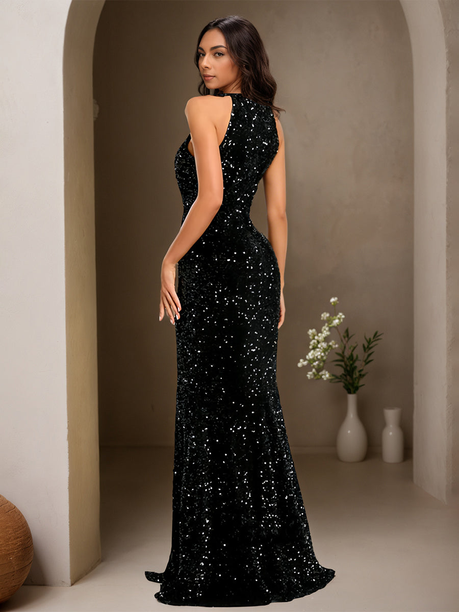 Cicinia Black Prom Dresses Long Sequins Sheath Sleeveless Sequin Shiny Gowns