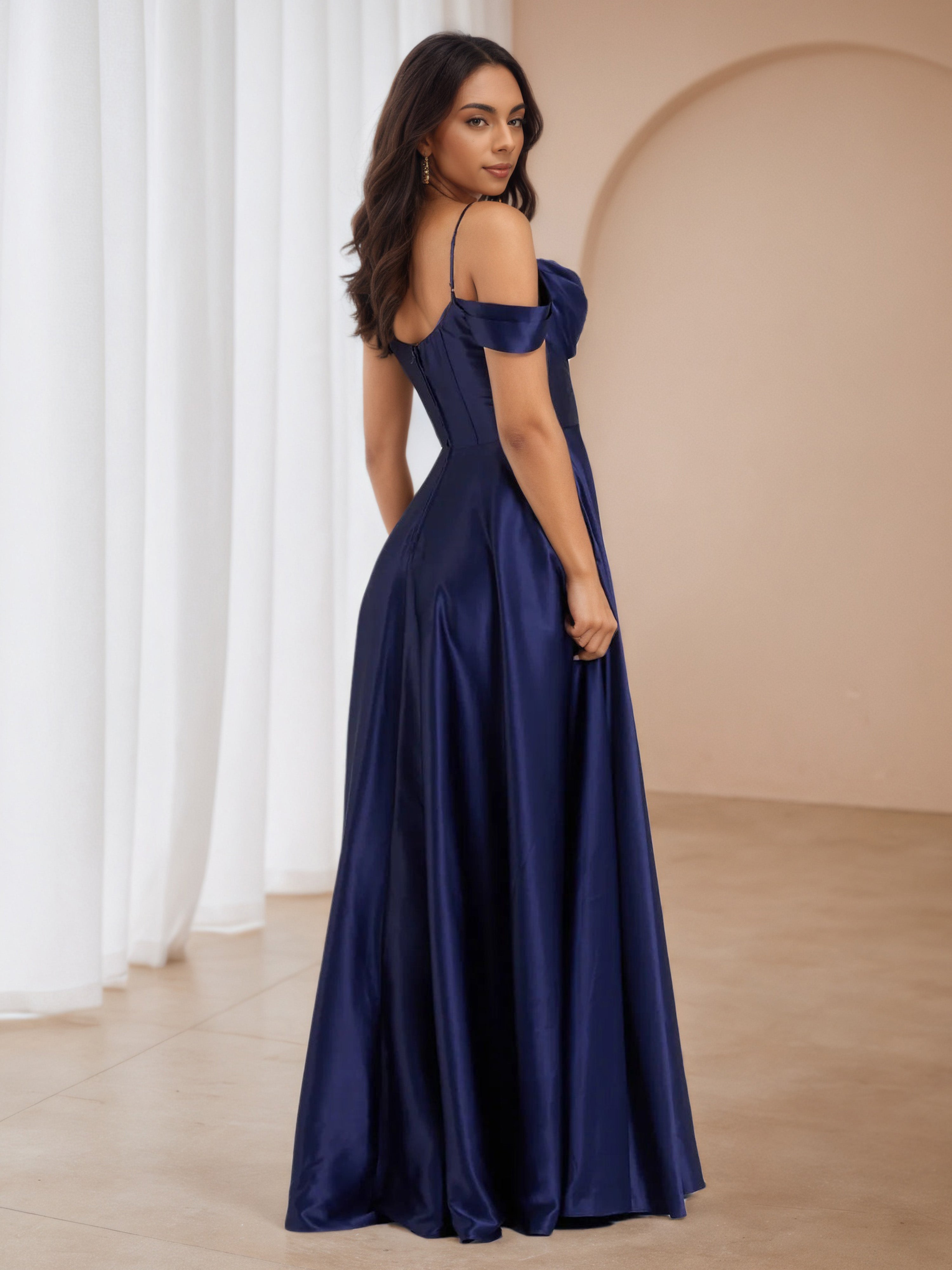 Satin Dark Navy Blue Off The Shoulder Wedding Guest Dress