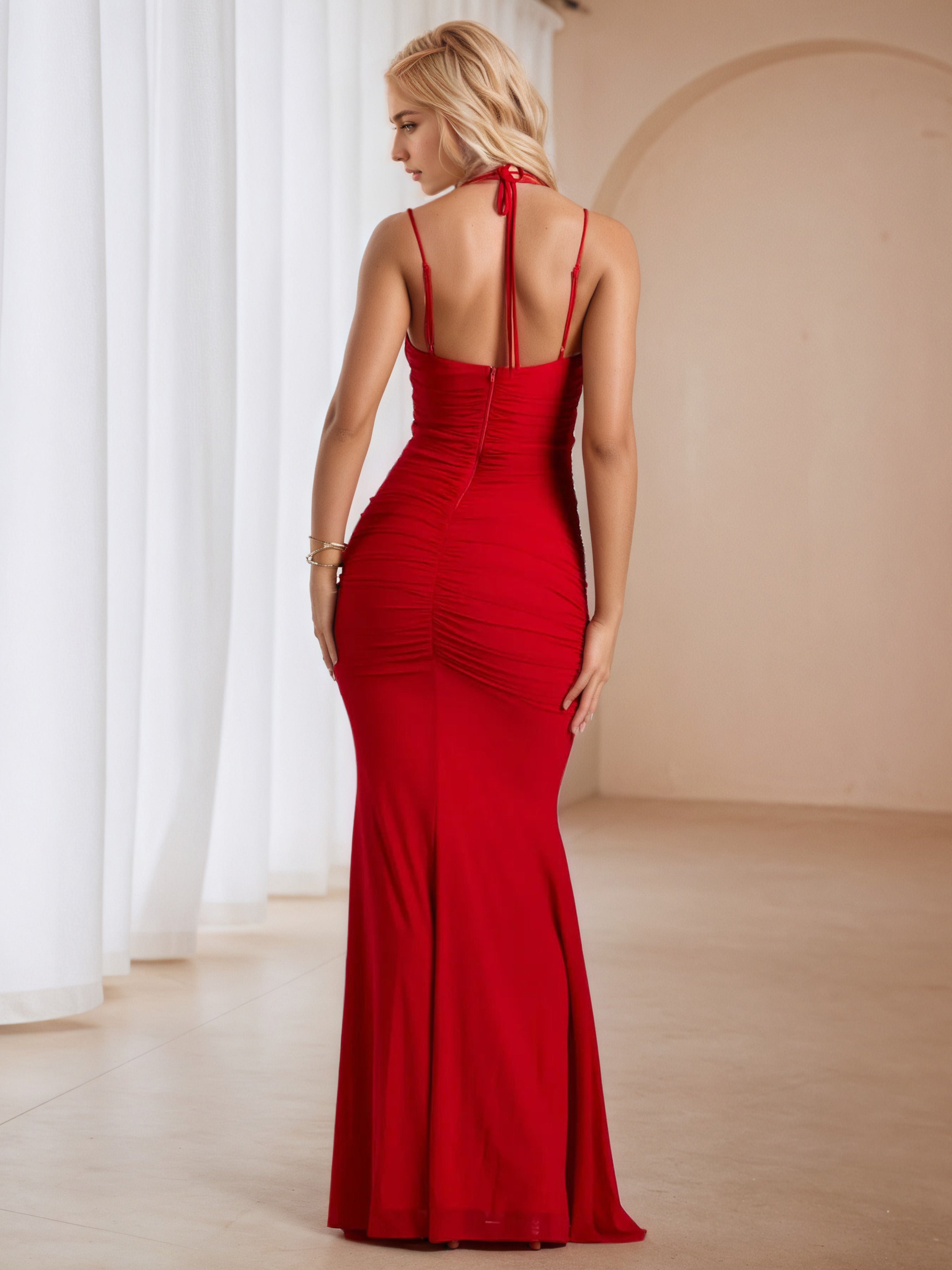 Red Spaghetti Straps Ruched Wedding Guest Dress