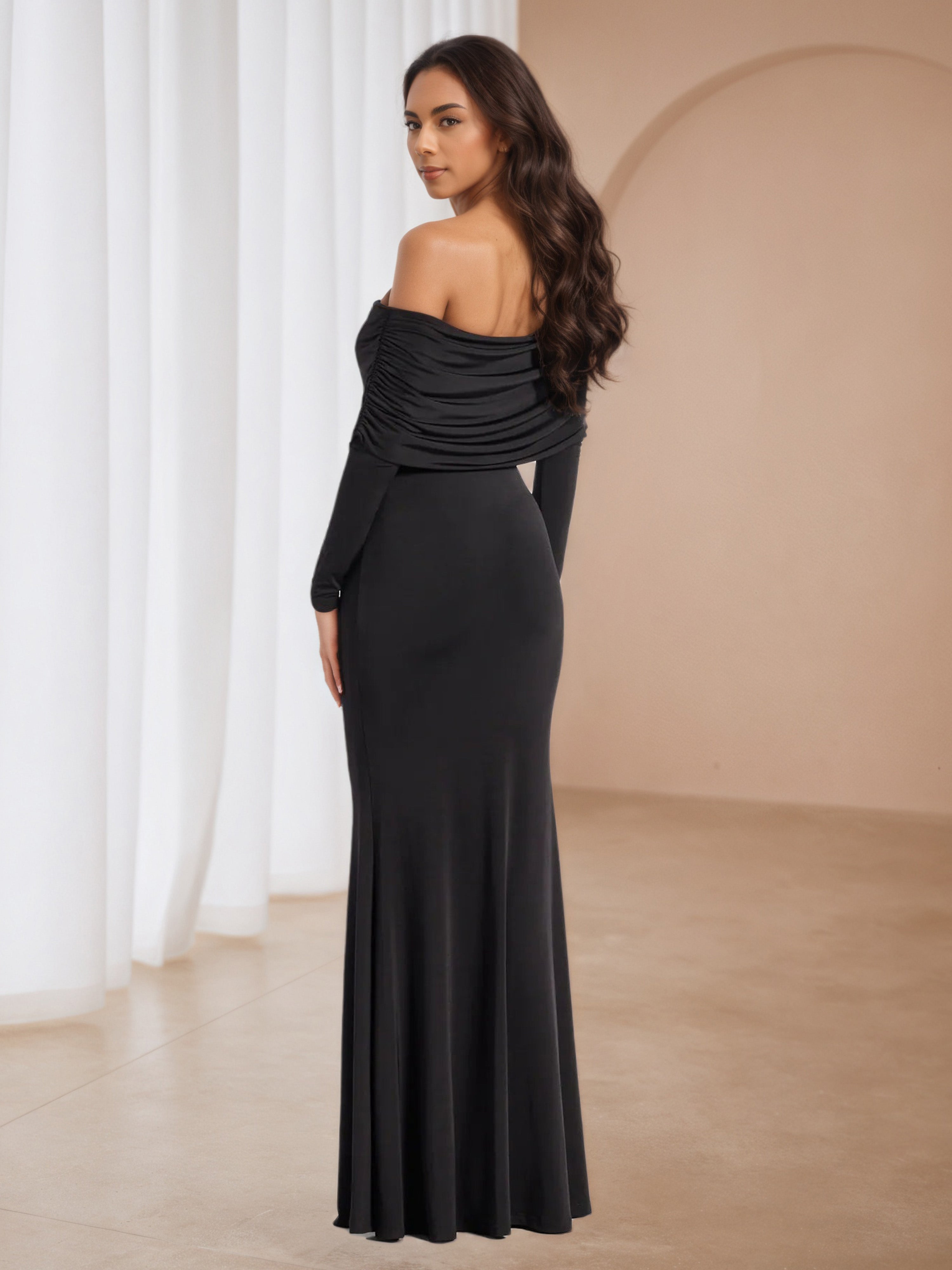 Black Long Sleeves Off The Shoulder Sheath Wedding Guest Dress