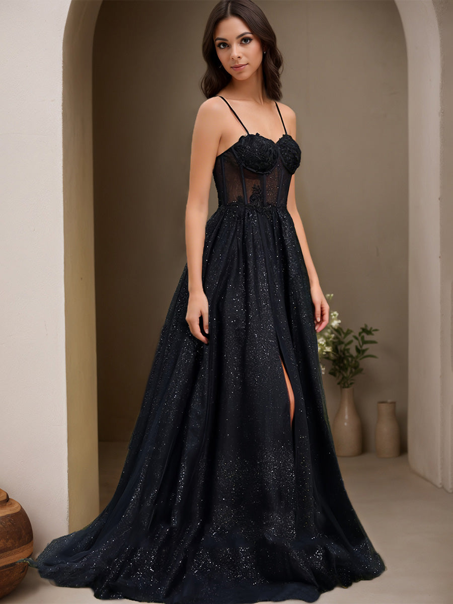 Cicinia Black Prom Dresses Long Glitter Tulle A-line Spaghetti Straps Sweep Train Slit