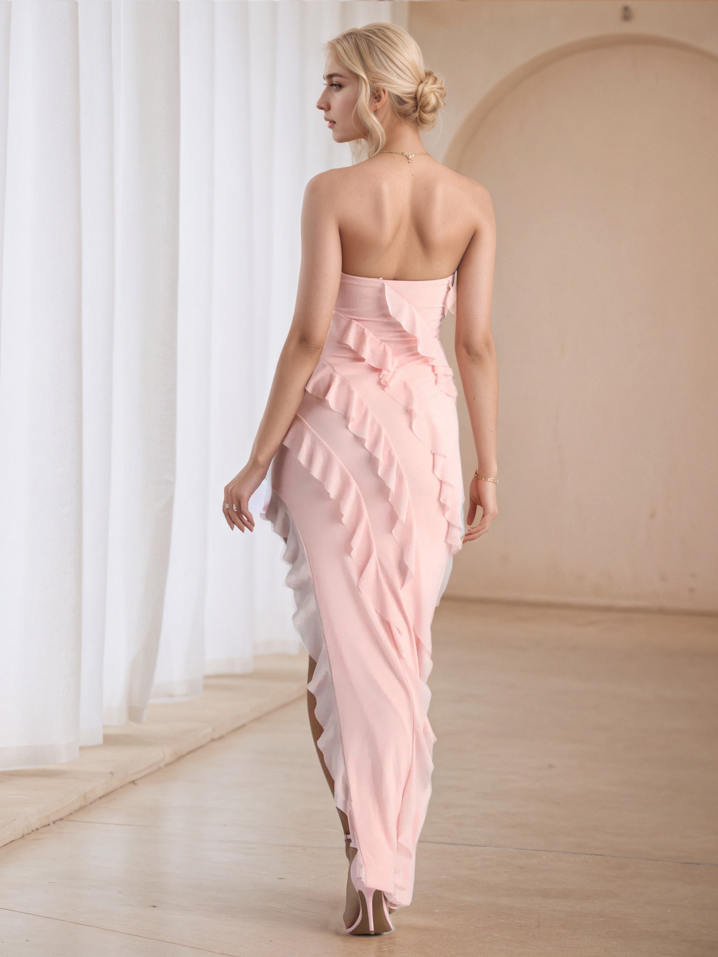 Asymmetrical Strapless Blushing Pink Ruffle Sleeveless Wedding Guest Dress