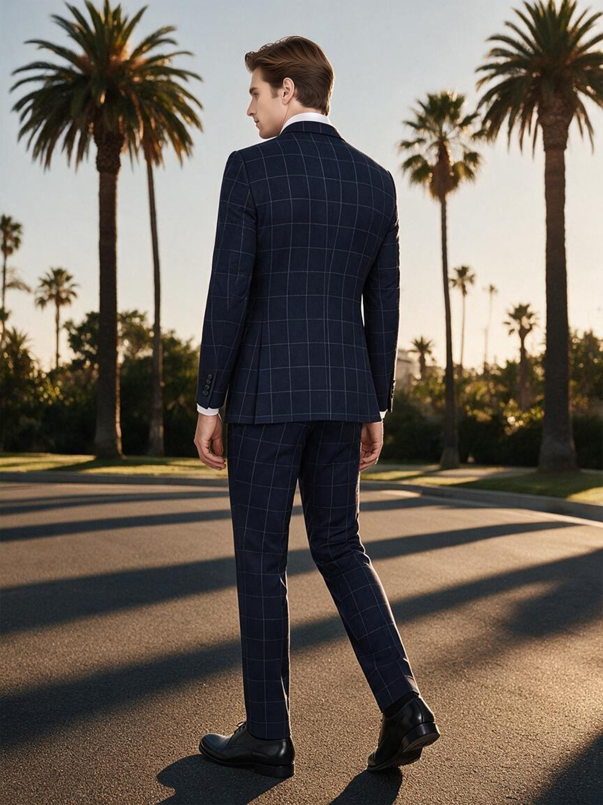 Cicinia Men's Navy Blue Windowpane Plaid 2 Piece Suit Slim Fit Notch Lapel Business Wedding Suit Jacket With Pants