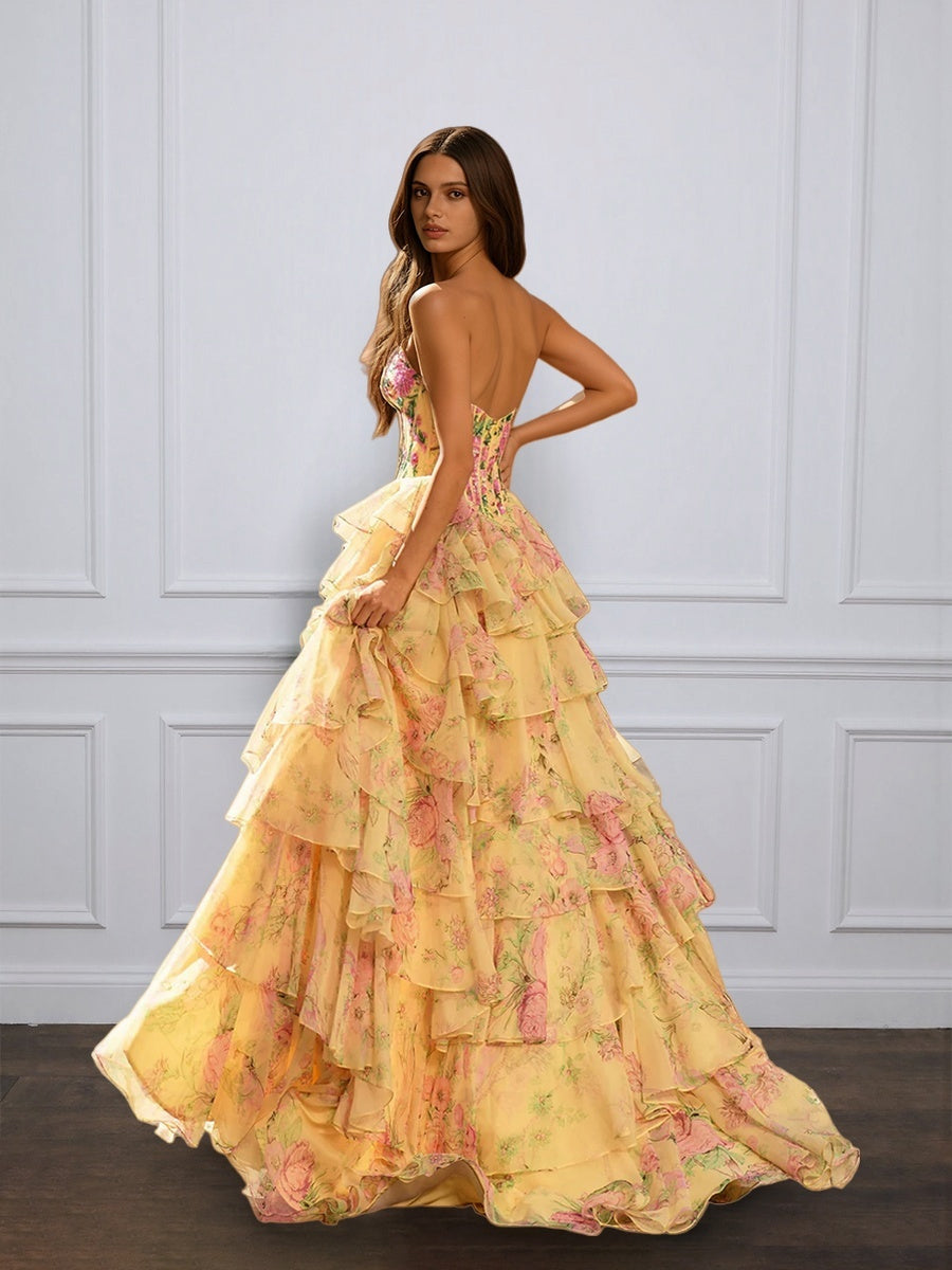 Cicinia Yellow Prom Dresses Long Printed Fabric A-line Layered Slit Strapless