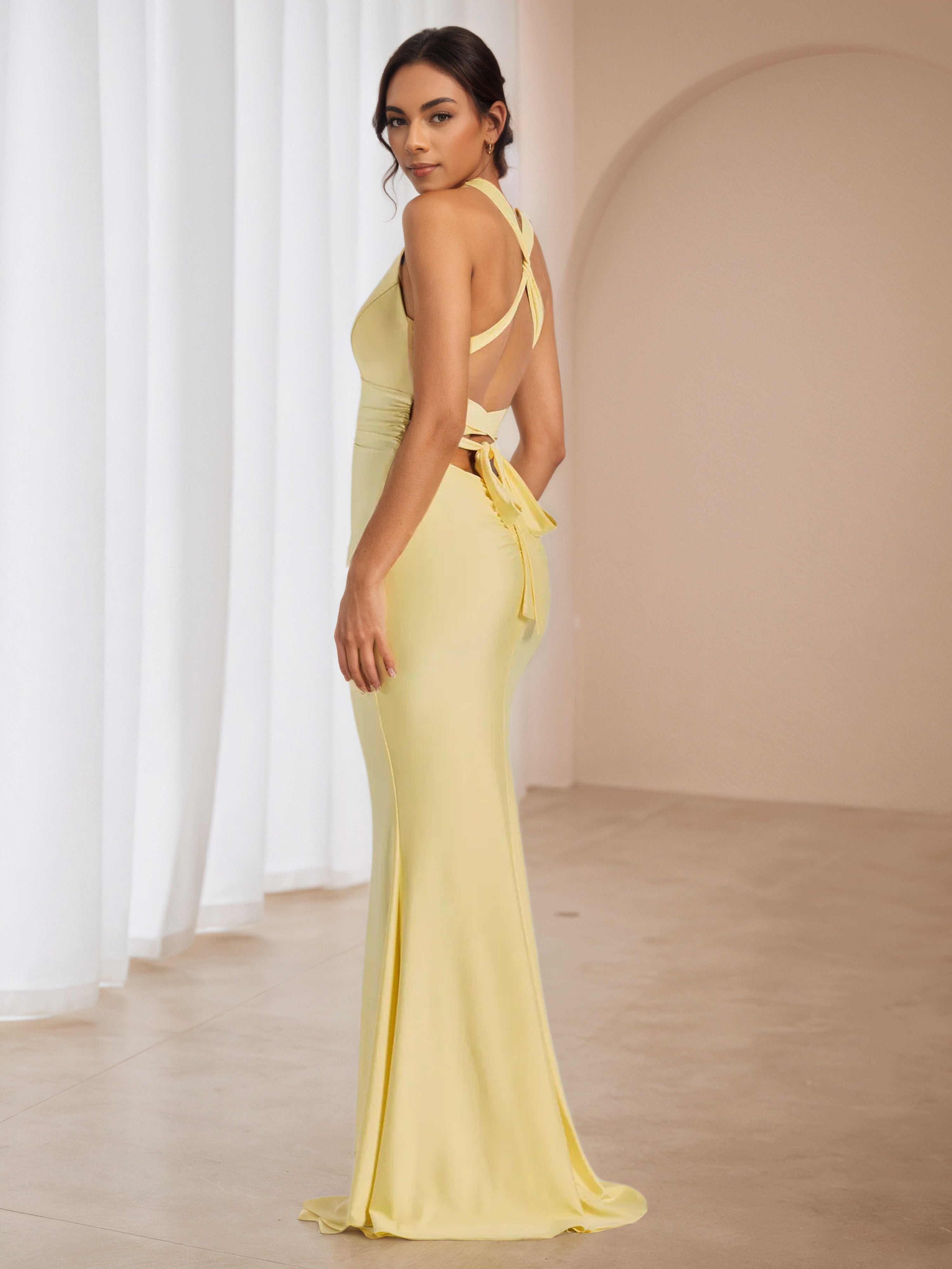 V-Neck Straps Daffodil Wedding Guest Dress