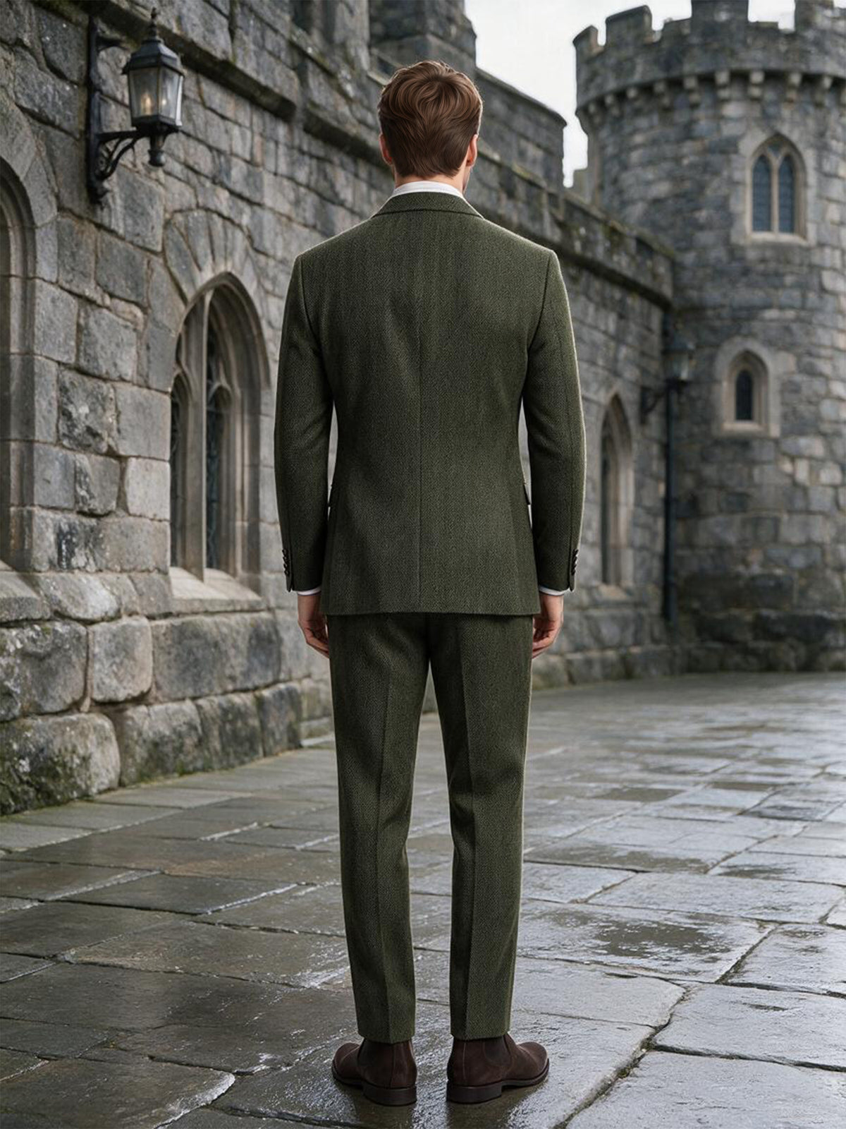 Cicinia Retro Peak Lapel Double Breasted Herringbone 2 Pieces Dark Green Men's Suits
