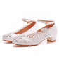 Round Toe Lace Rhinestones Ankle Strap Chunky Heel Wedding Shoes