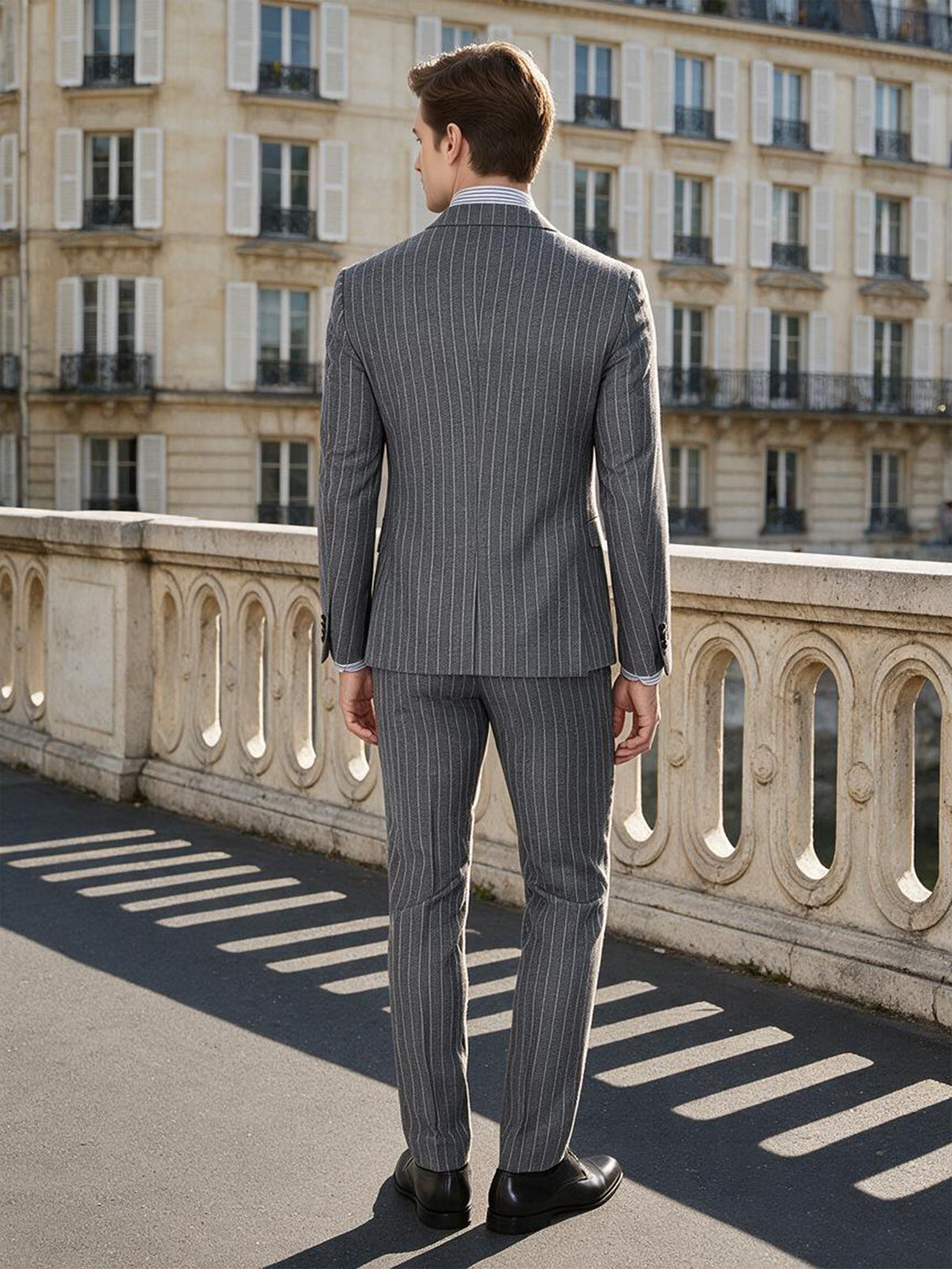 Cicinia Classic Double Breasted Peak Lapel Pinstripe 2 Pieces Grey Men's Suits