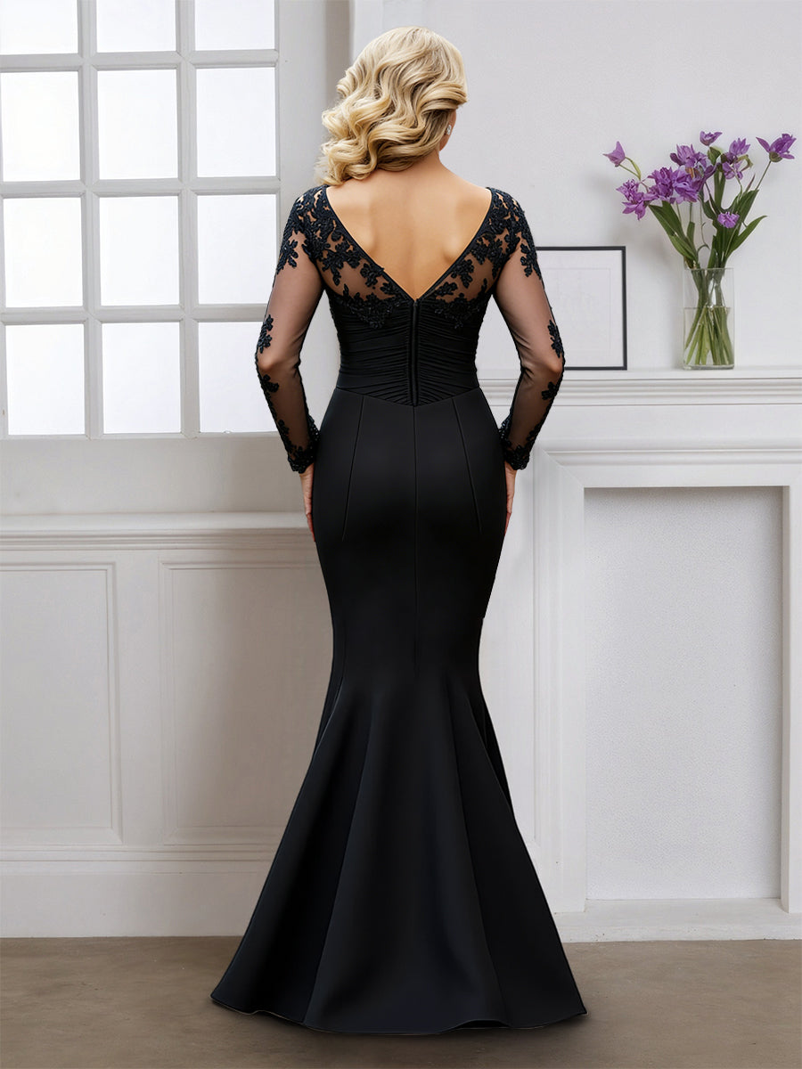 Cicinia Black Mother Of The Bride Dress With Sleeves Long Stretch Fabric Mermaid V-neck