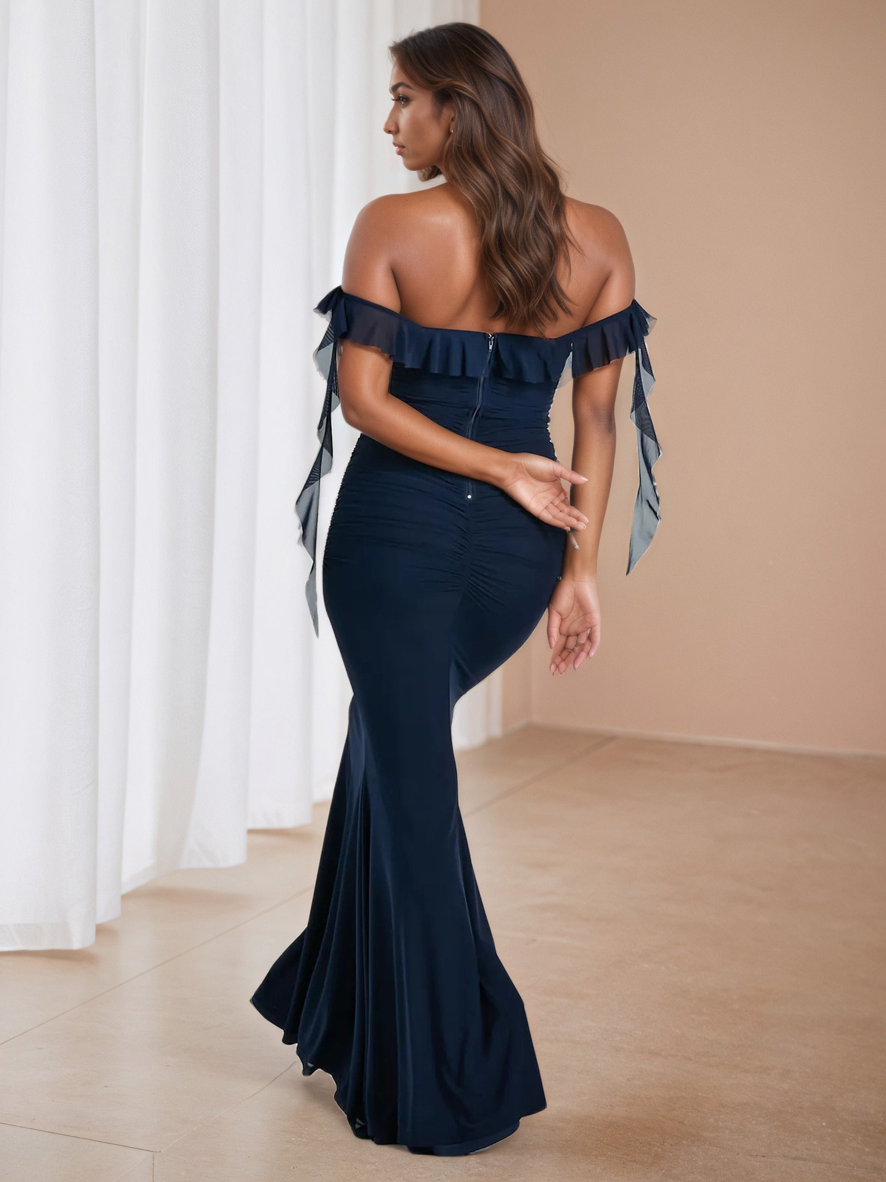 Dark Navy Ruffle Off The Shoulder Trumpet/Mermaid Wedding Guest Dress