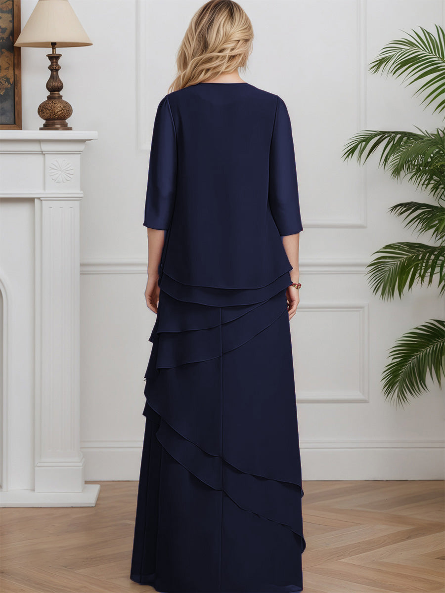 Cicinia Dark Navy Mother Of The Groom Dress With Jacket Long Chiffon A-line 3/4 Sleeves