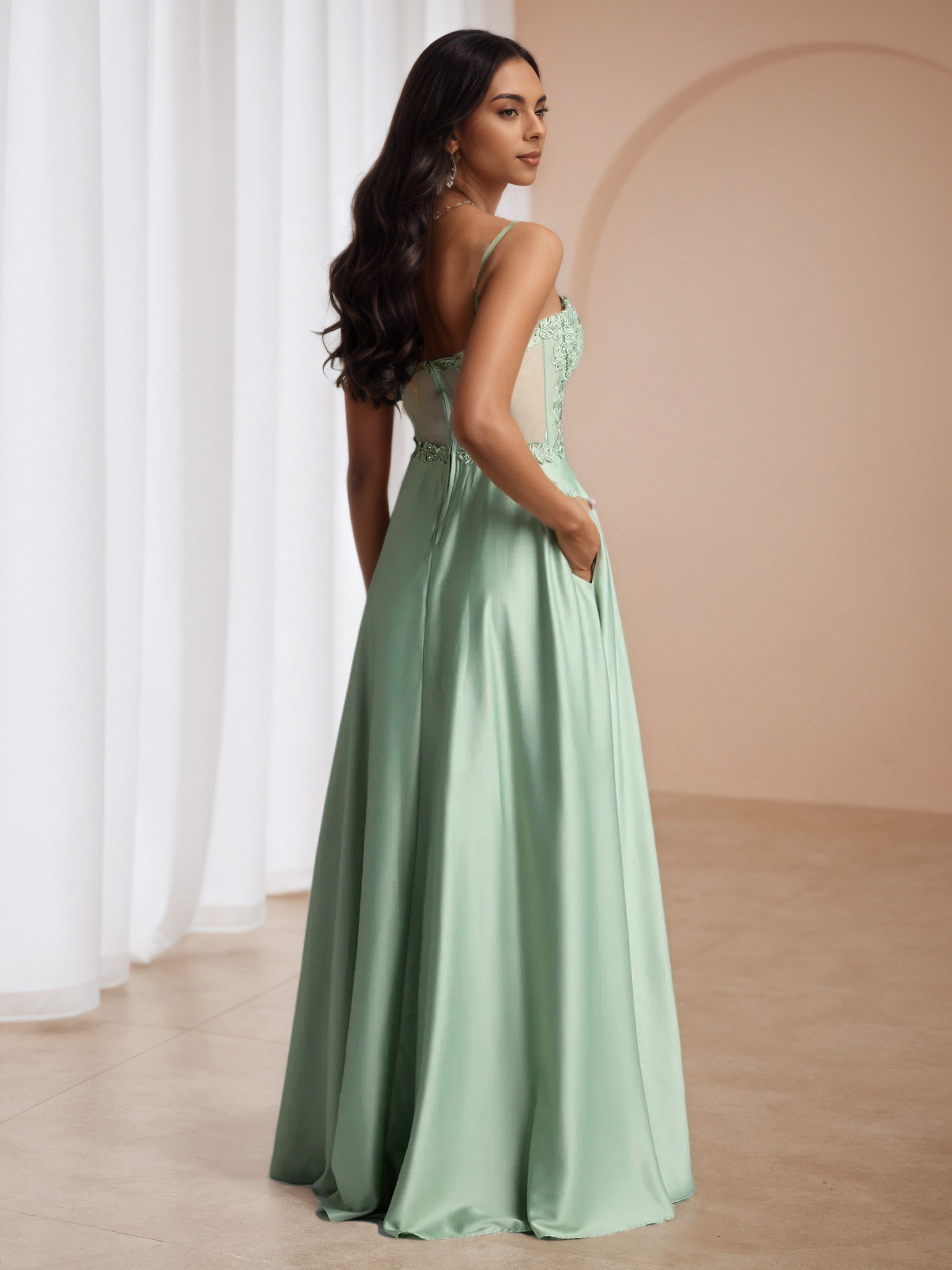 A-Line Dusty Sage Lace Appliques Wedding Guest Dress