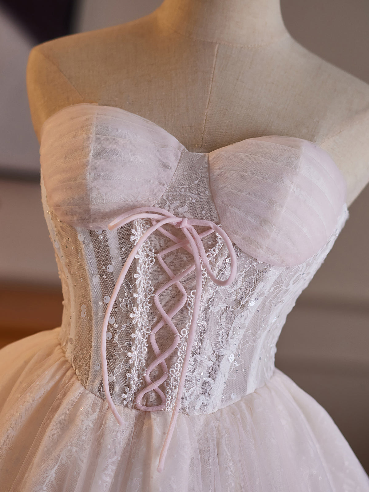Cicinia Sweetheart Pink Wedding Dresses Short Lace A-line Ruffle Tulle Bridal Dress
