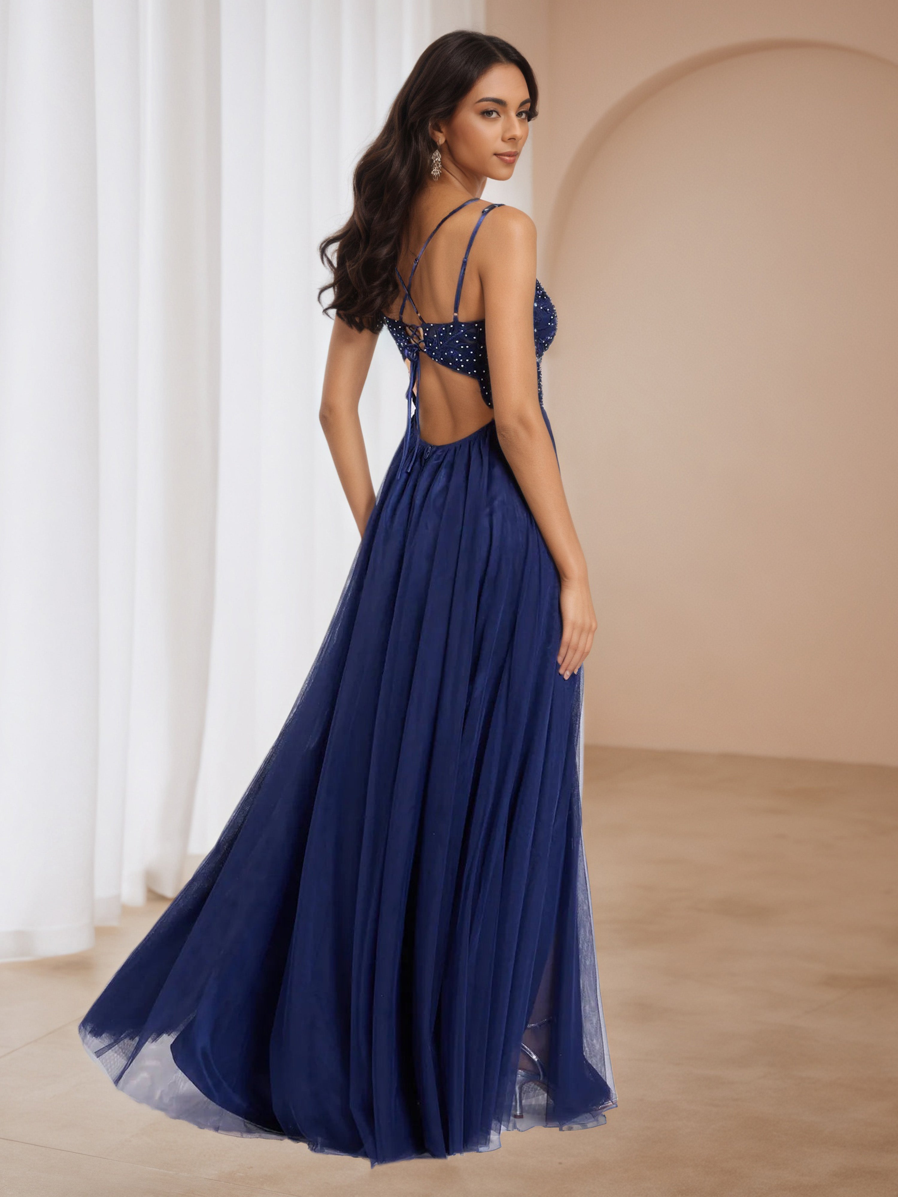 Appliques Straps Dark Navy Blue Off The Shoulder Tulle Wedding Guest Dress