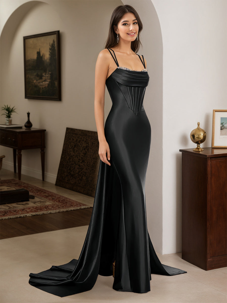 Cicinia Black Prom Dresses Long Spaghetti Straps Sheath Beaded Slit Dress
