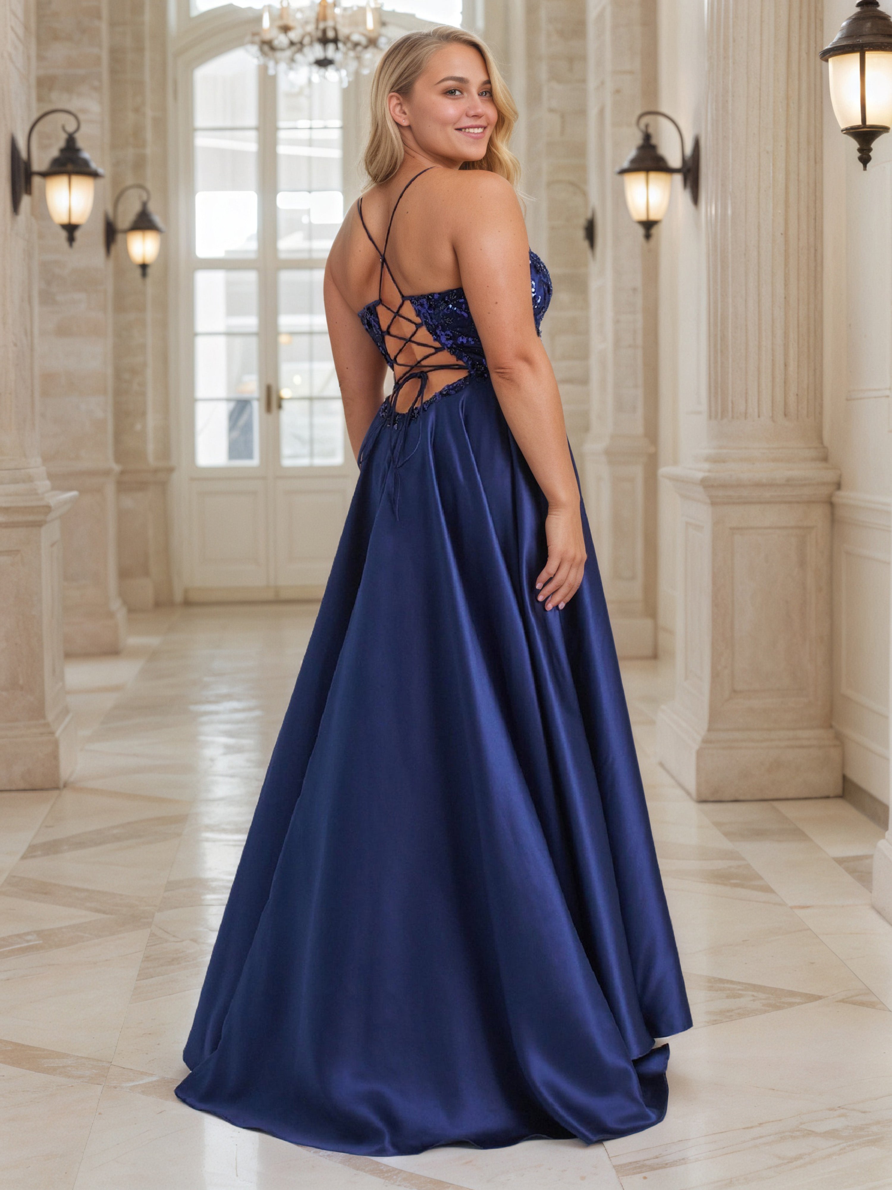 Navy Blue A-line Sweep Train Spaghetti Straps Plus Size Long Prom Dress