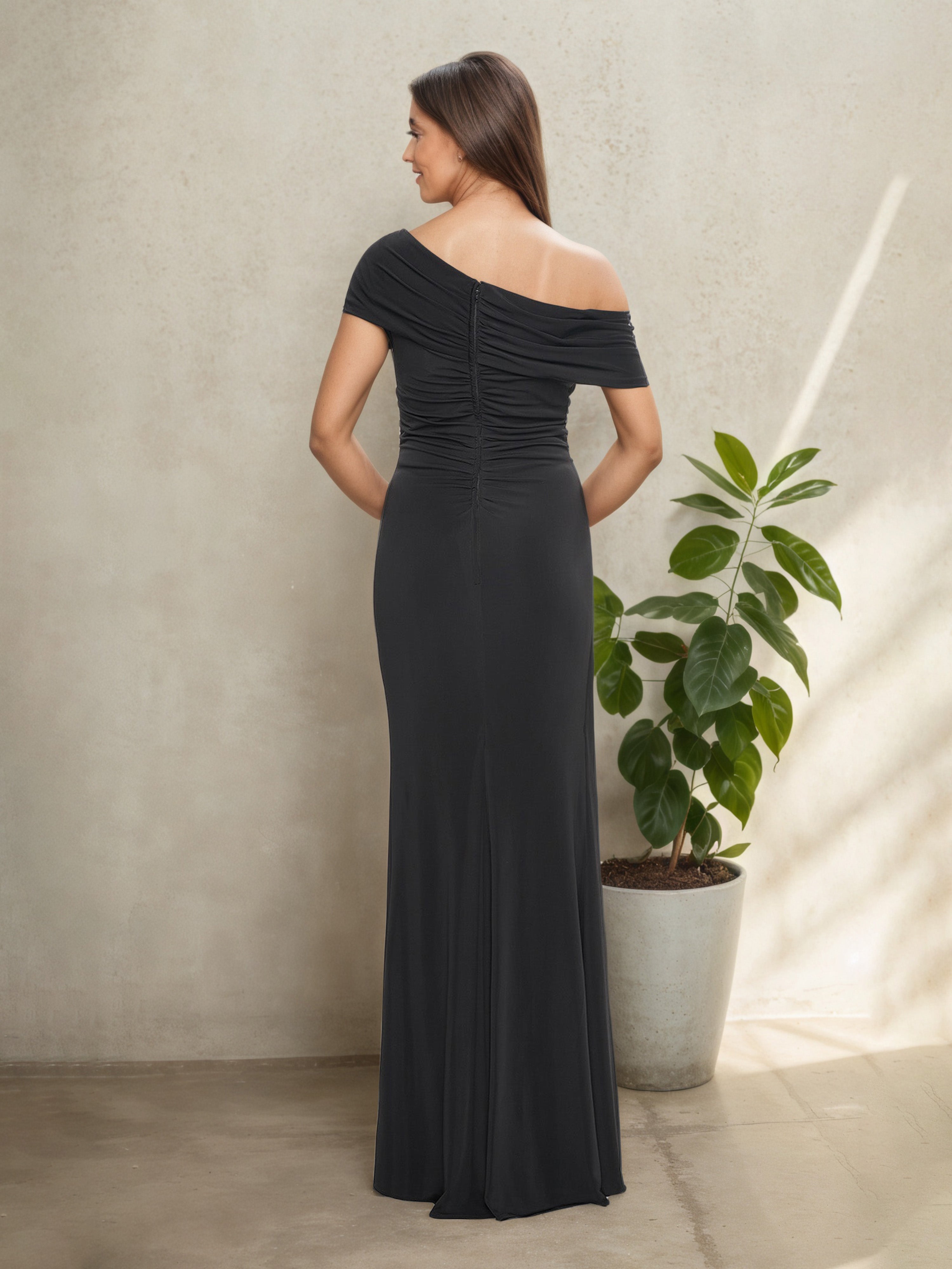 One Shoulder Sheath/Column Pleats Gunmetal Mother Of The Bride Dress