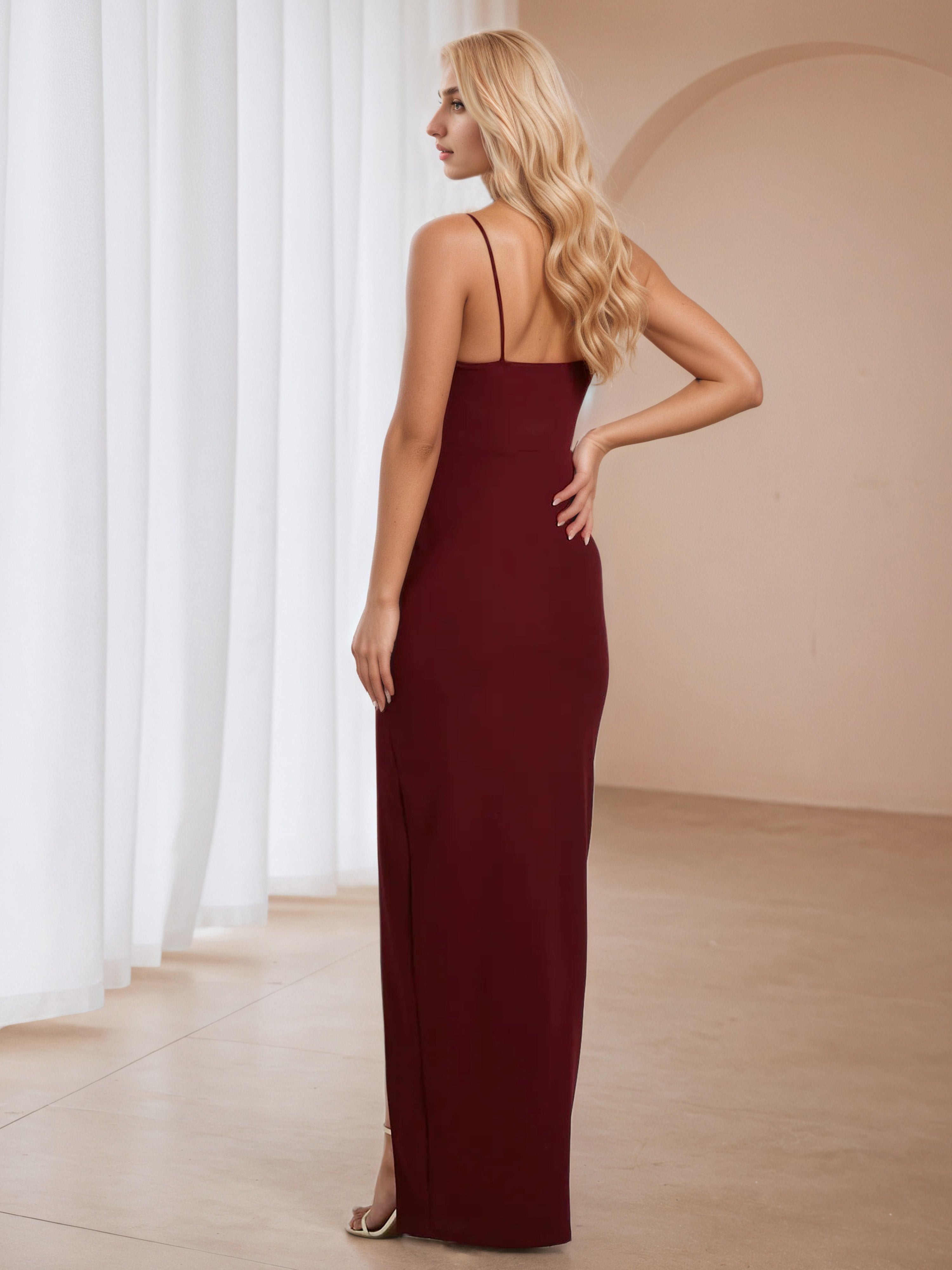 Spaghetti Straps Burgundy Long Wedding Guest Dress with Split