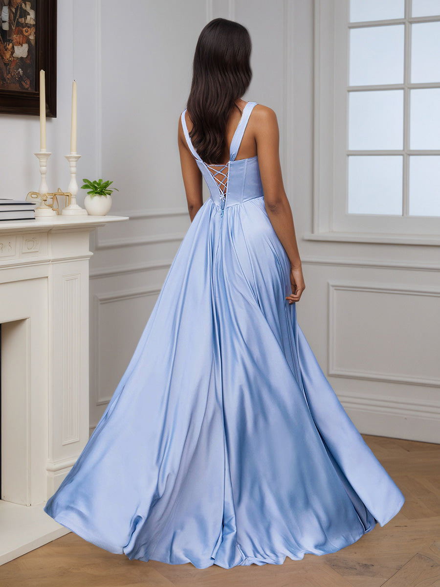 Cicinia Sky Blue Prom Dresses Long Soft Satin A-line Evening Dress