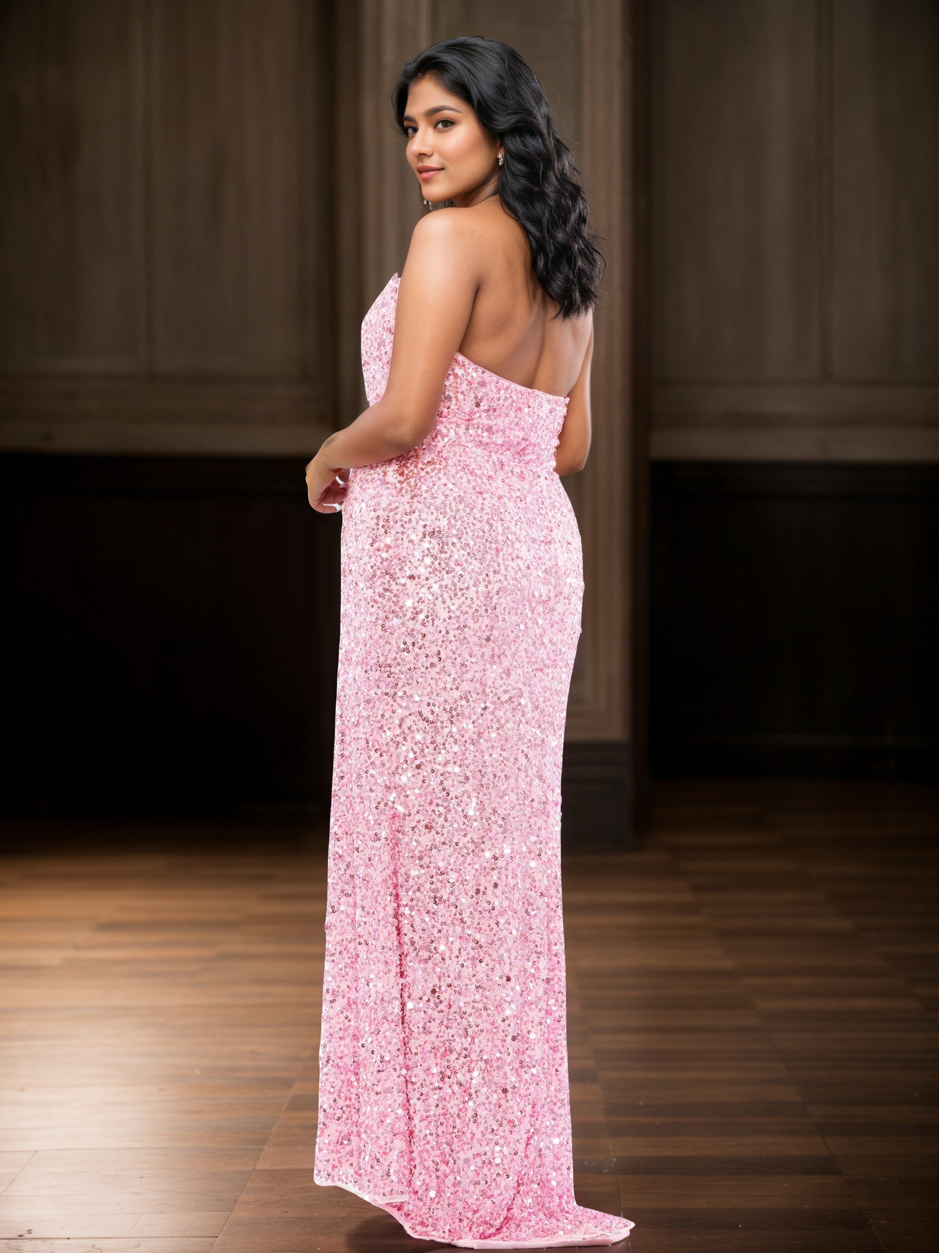 Sequin Shiny Halter Backless Long Sheath Pink Plus Size Prom Dresses
