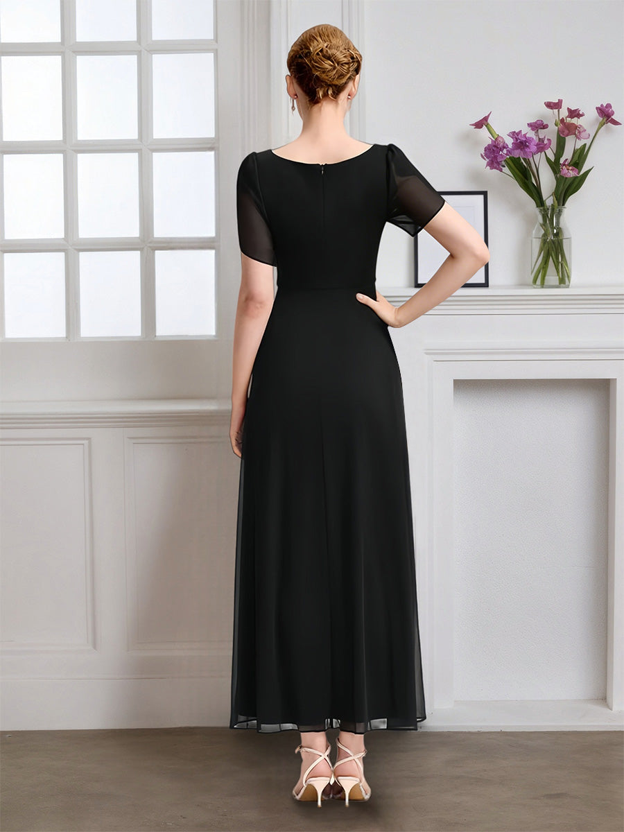 Cicinia Black Mother Of The Bride Dress Long Chiffon A-line Ankle Length Short Sleeves V-neck